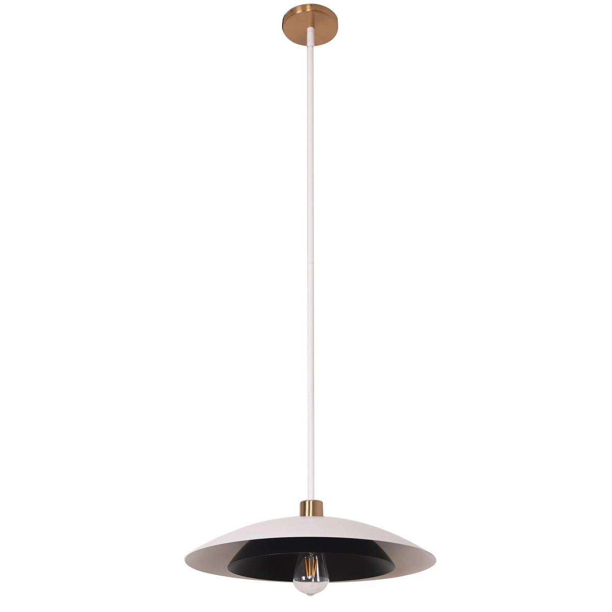 Dainolite 1 Light Pendant in Aged Brass w/ Matte White & Matte Black Metal Shade