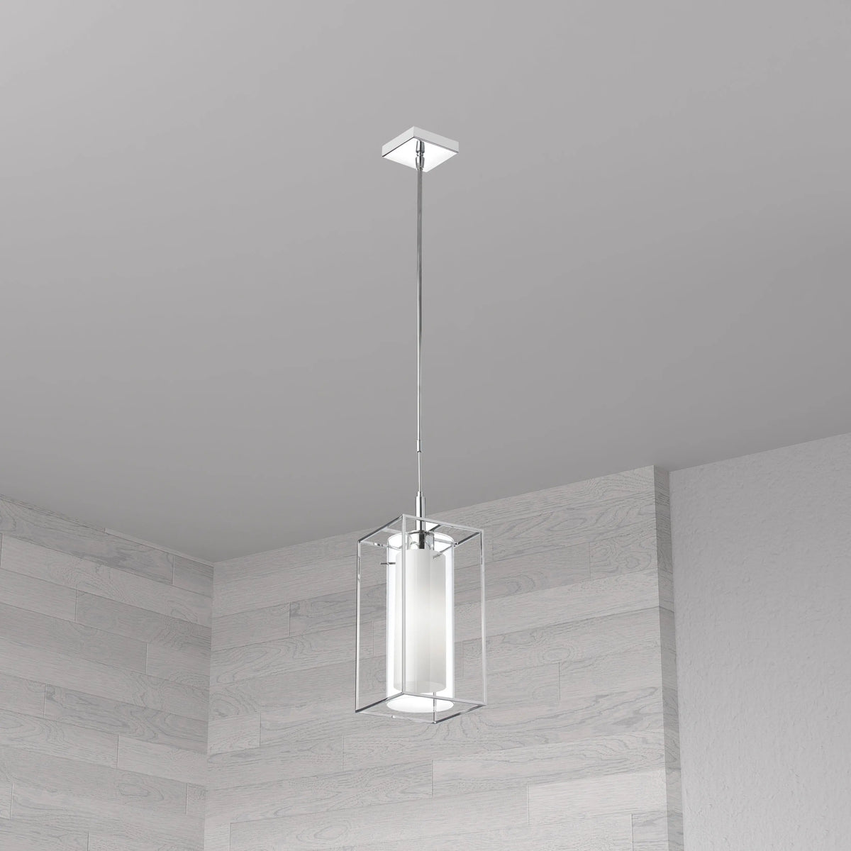 Dainolite 1 Light Pendant, Frosted Glass Inside, Rectangular Metal Frame