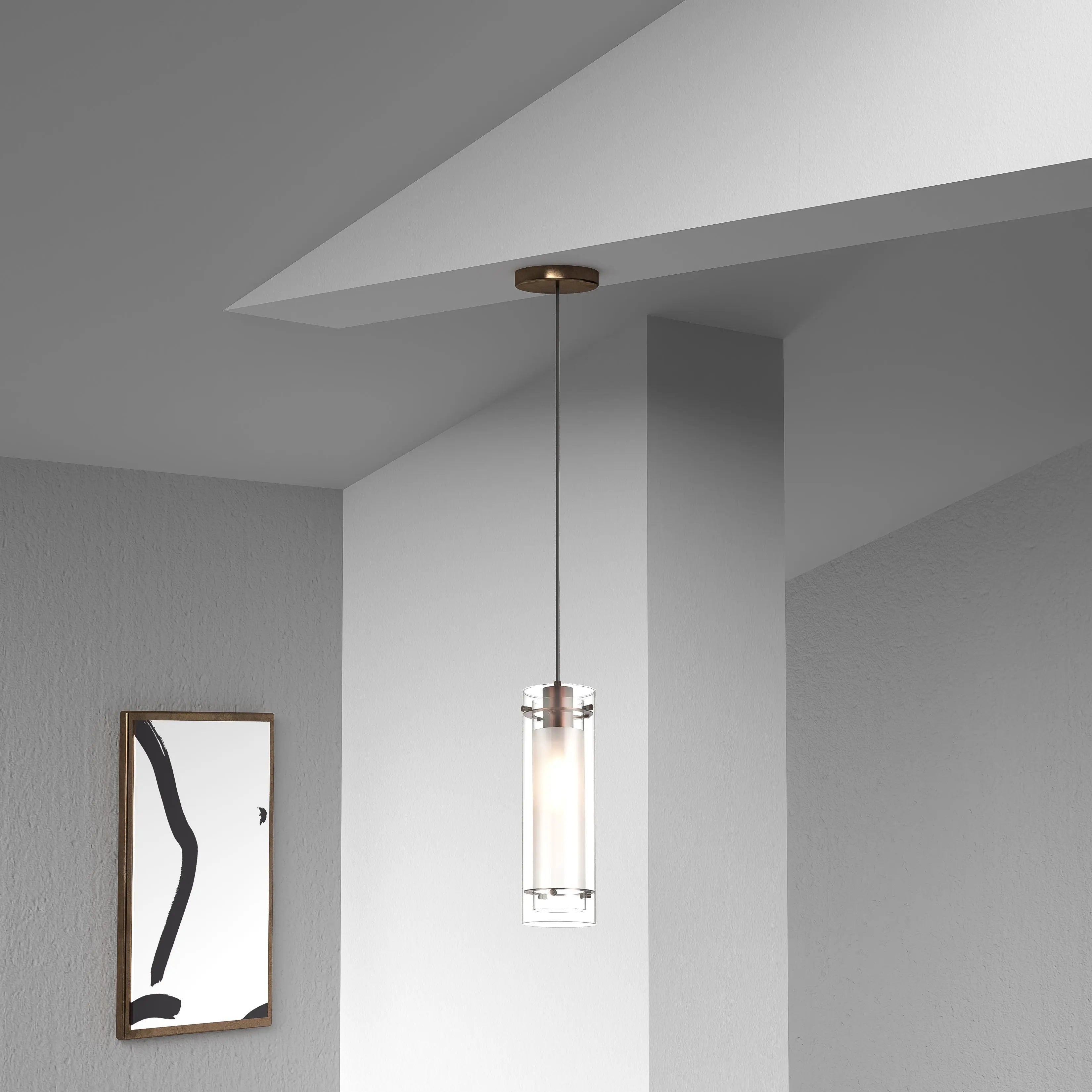 Dainolite 1 Light Pendant, Oil Brushed Bronze Finish, Clear Frosted Glass