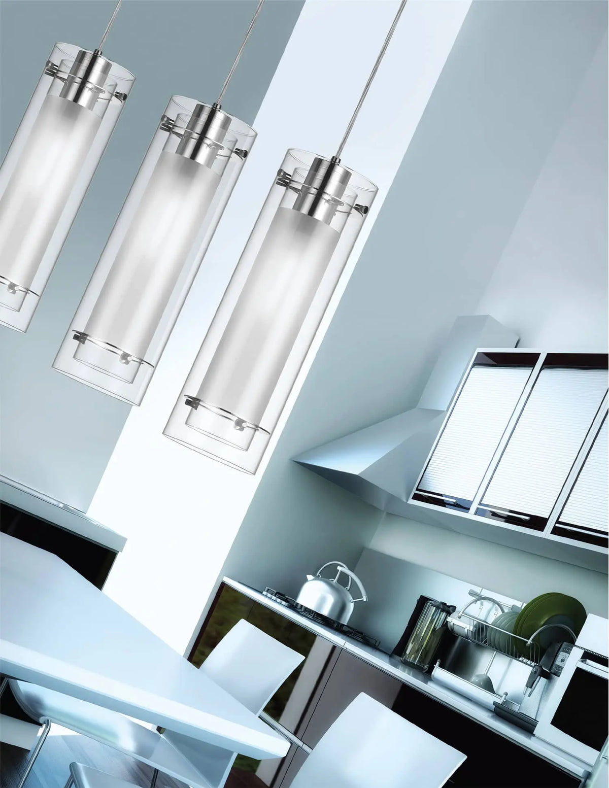 Dainolite 1 Light Pendant, Polished Chrome Finish, Clear Frosted Glass