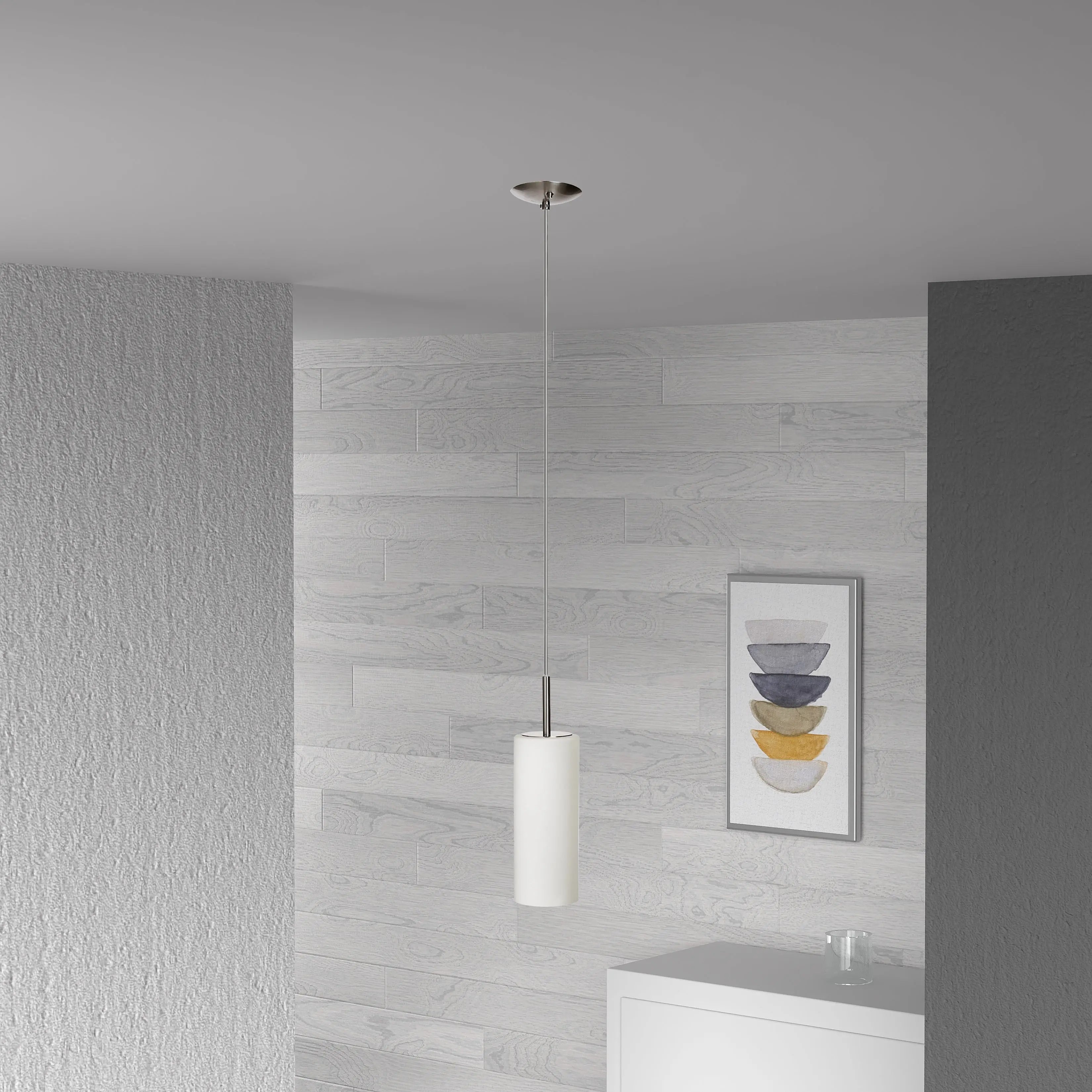 Dainolite 1 Light Pendant, Satin Chrome, White Frosted Glass