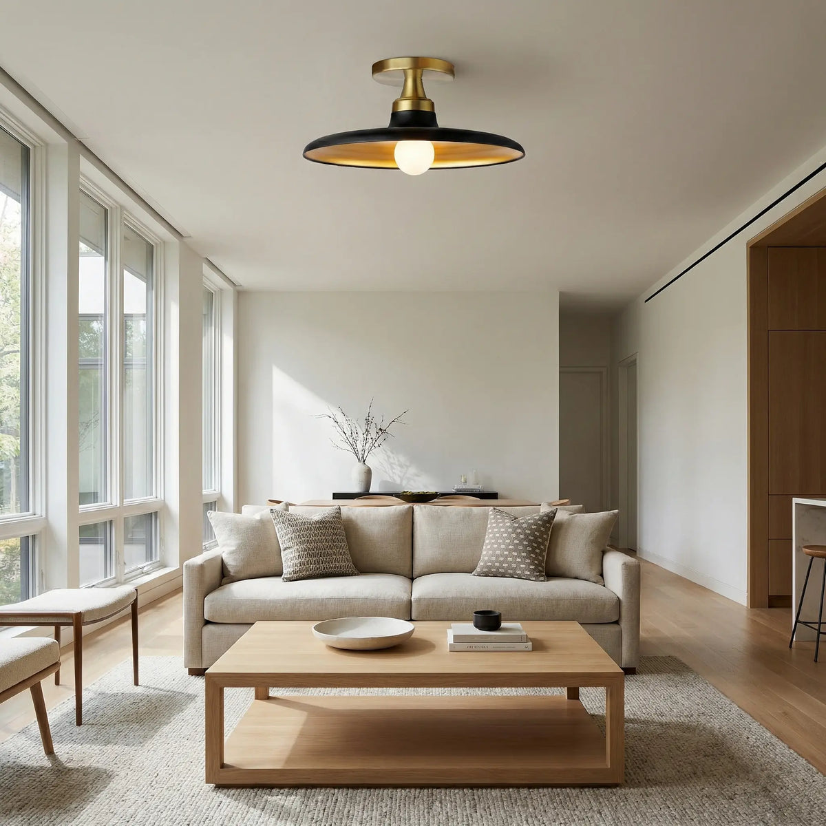 Dainolite 1 Light Semi-Flush Mount, Matte Black and Aged Brass