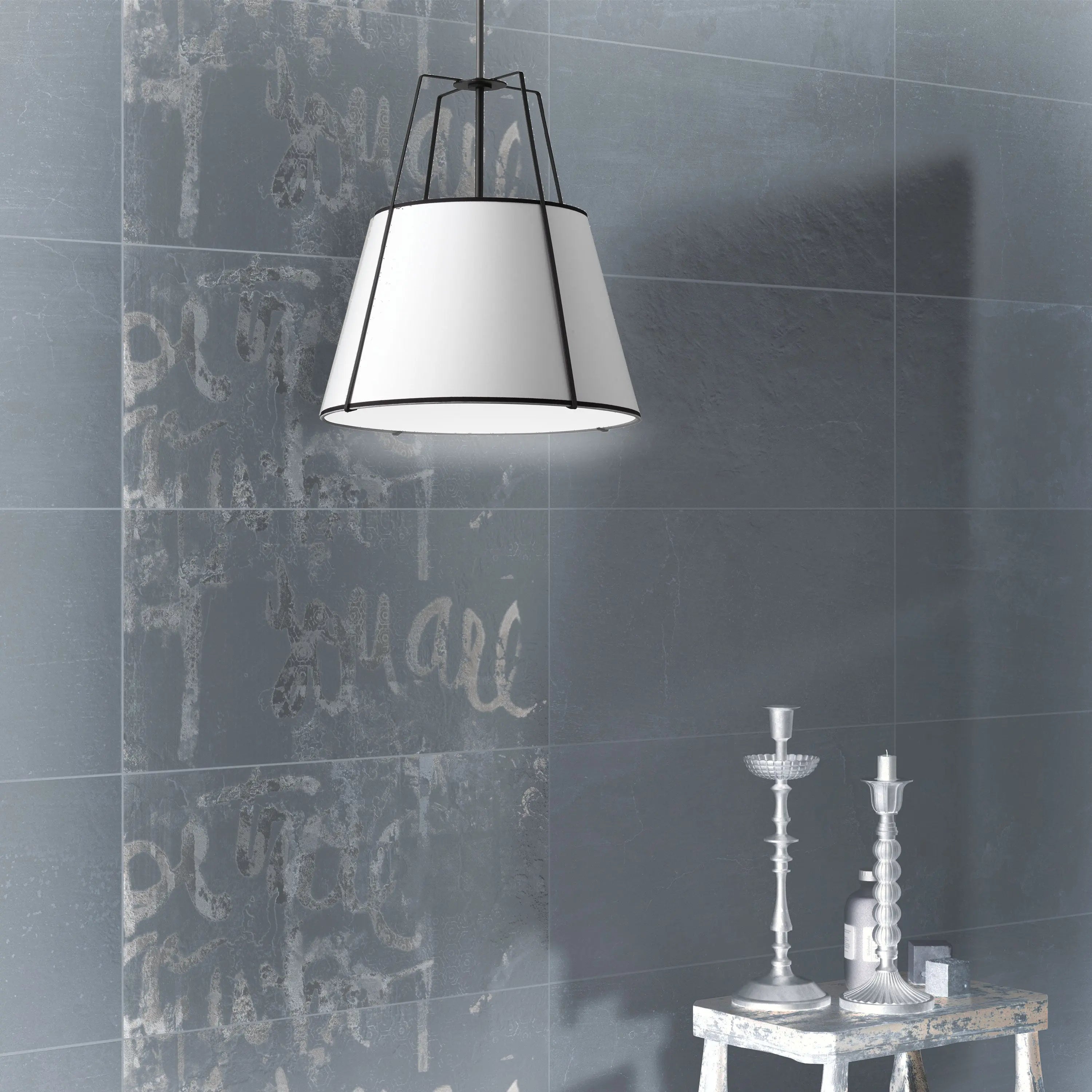 Dainolite 1 Light Trapezoid Pendant Black White Shade with 790 Diffuser
