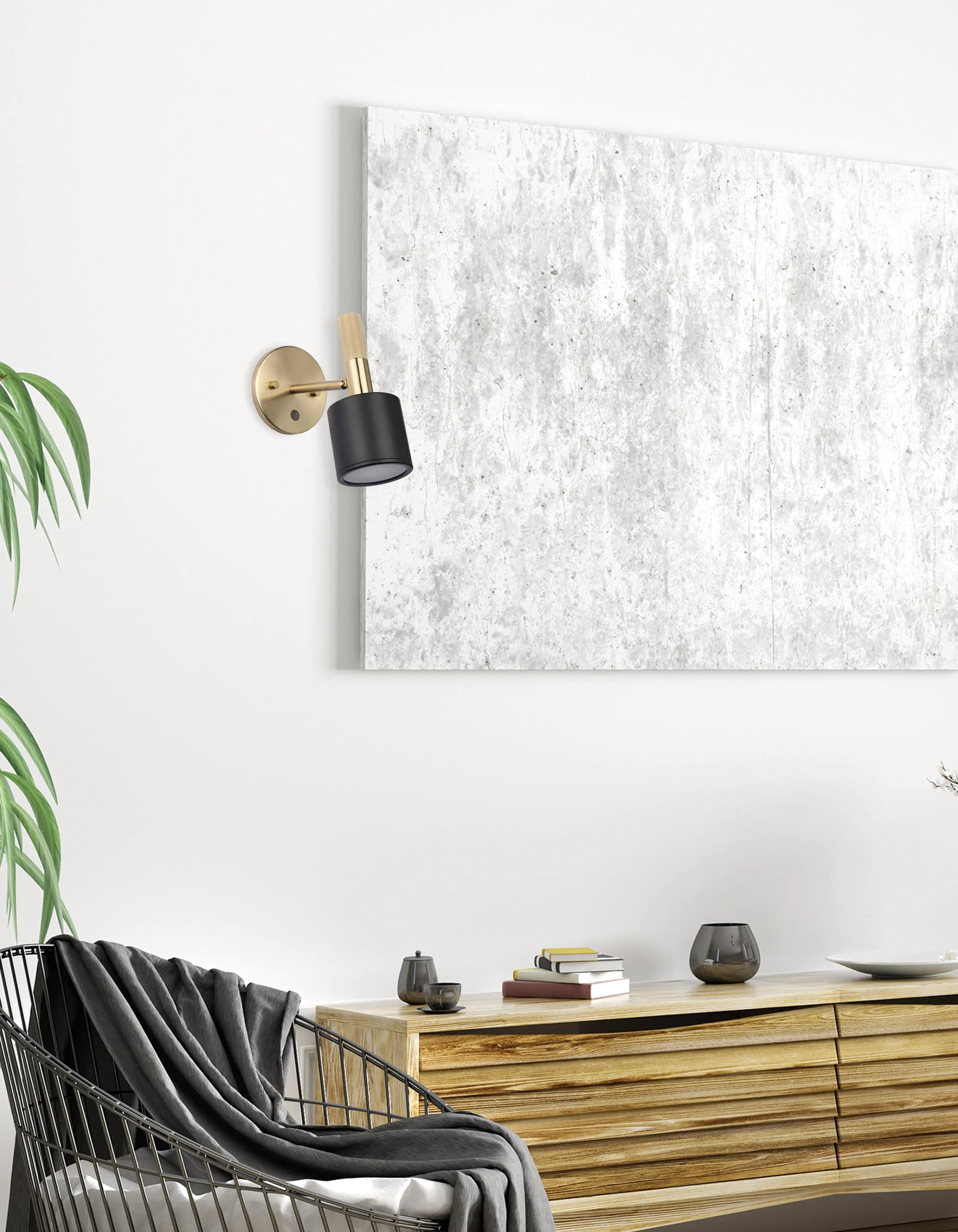 Dainolite 1 Light Wall Satin Chrome Matte Black & Aged Brass with Frosted Diffuser