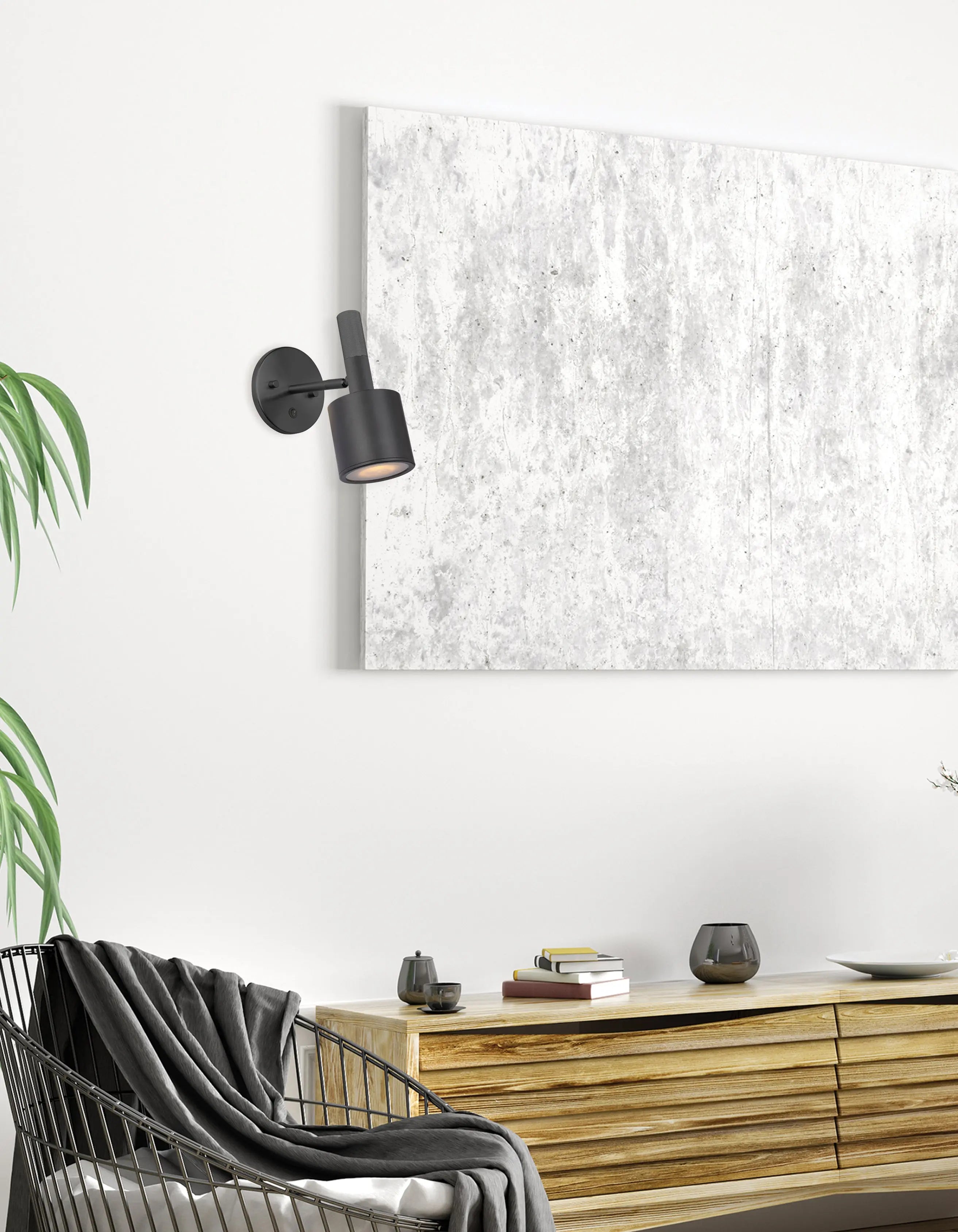 Dainolite 1 Light Wall Satin Chrome Matte Black with Frosted Diffuser