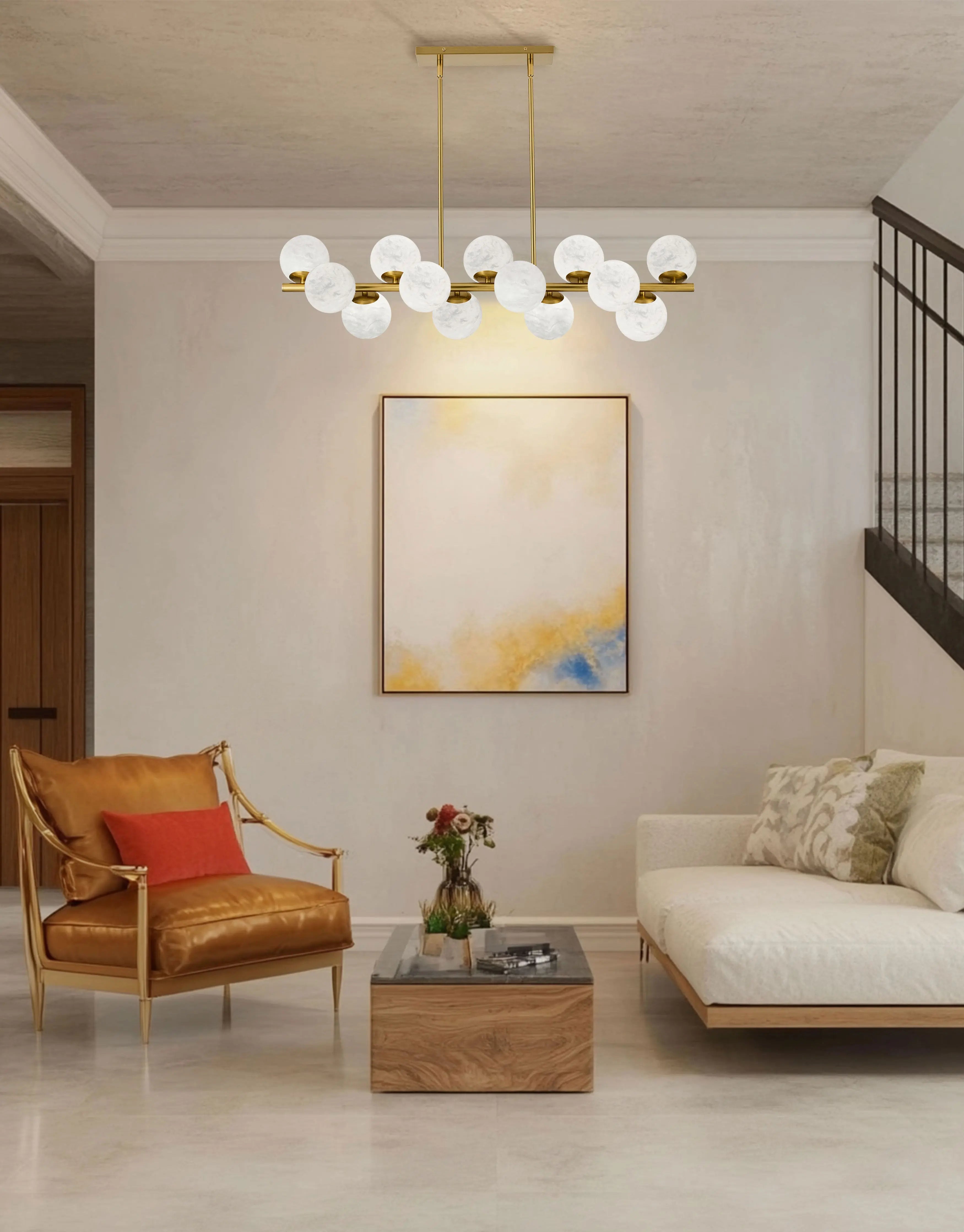 Dainolite 13 Light Aged Brass Horizontal Pendant w/ Alabaster Glass