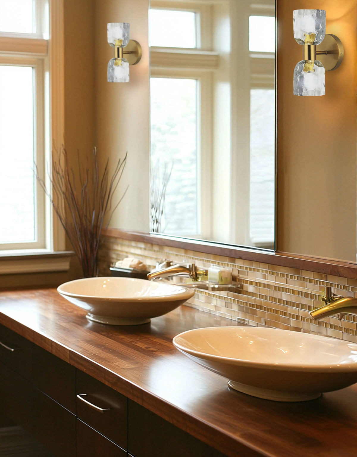 Dainolite 2 Light Aged Brass Wall Sconce w/ Clear Water Glass