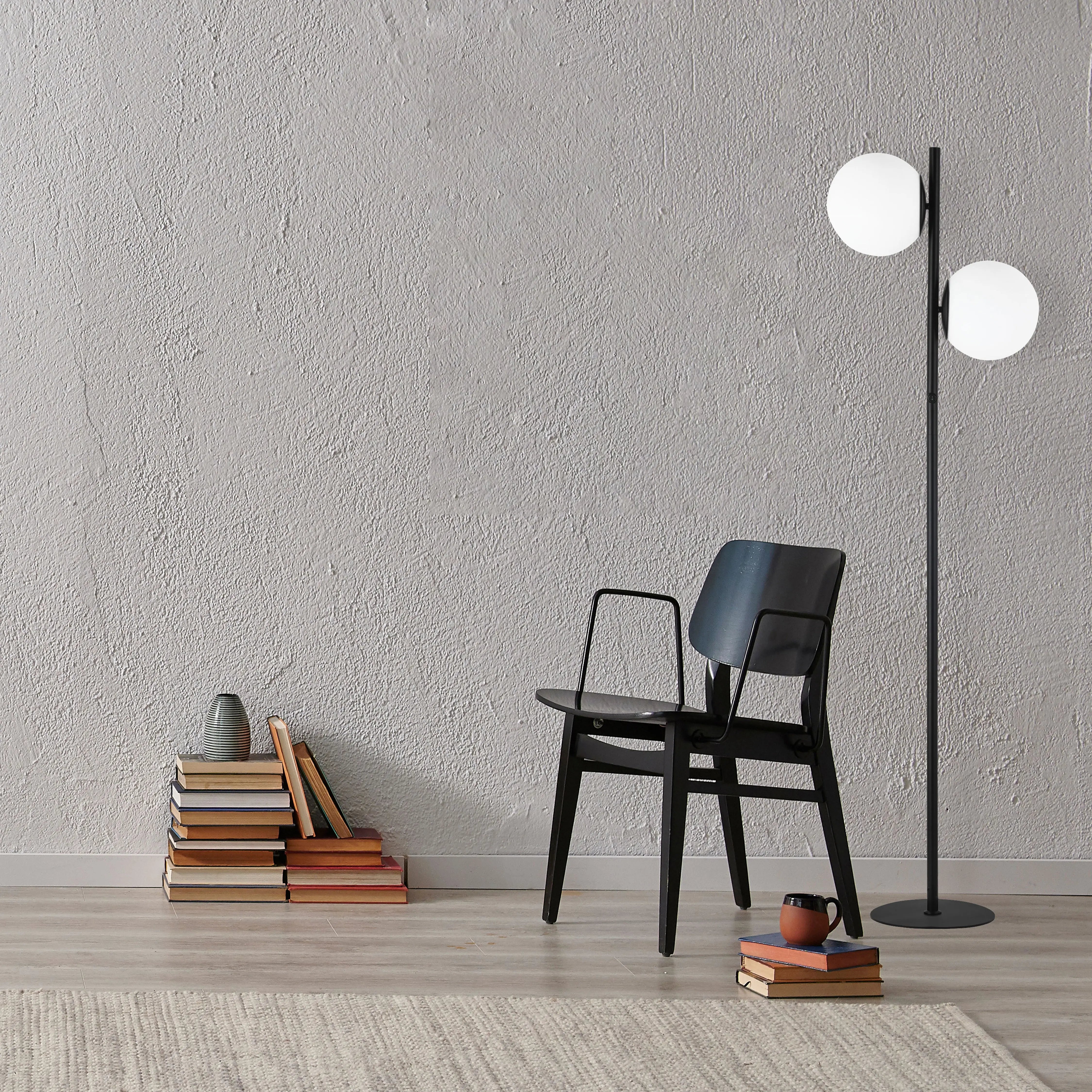 Dainolite 2 Light Incandescent Floor Lamp, Matte Black with White Opal Glass