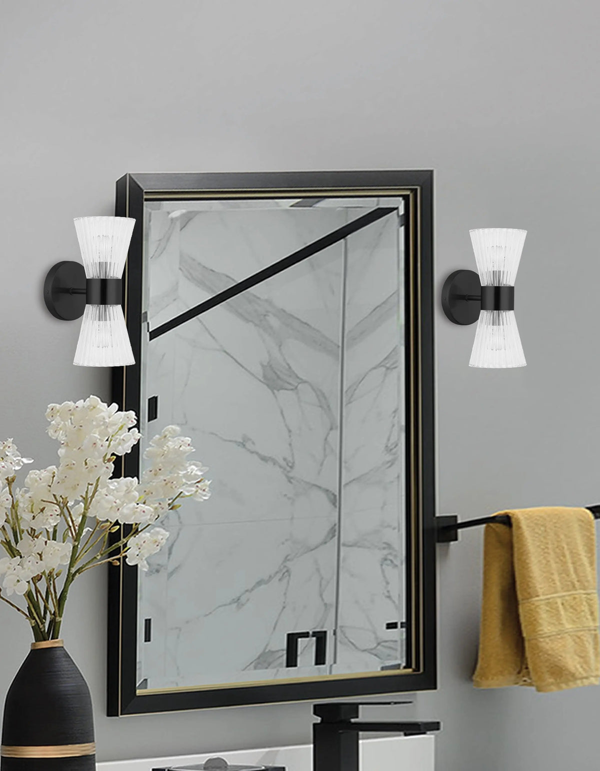 Dainolite 2 Light Incandescent Vanity Matte Black with Clear Ribbed Glass