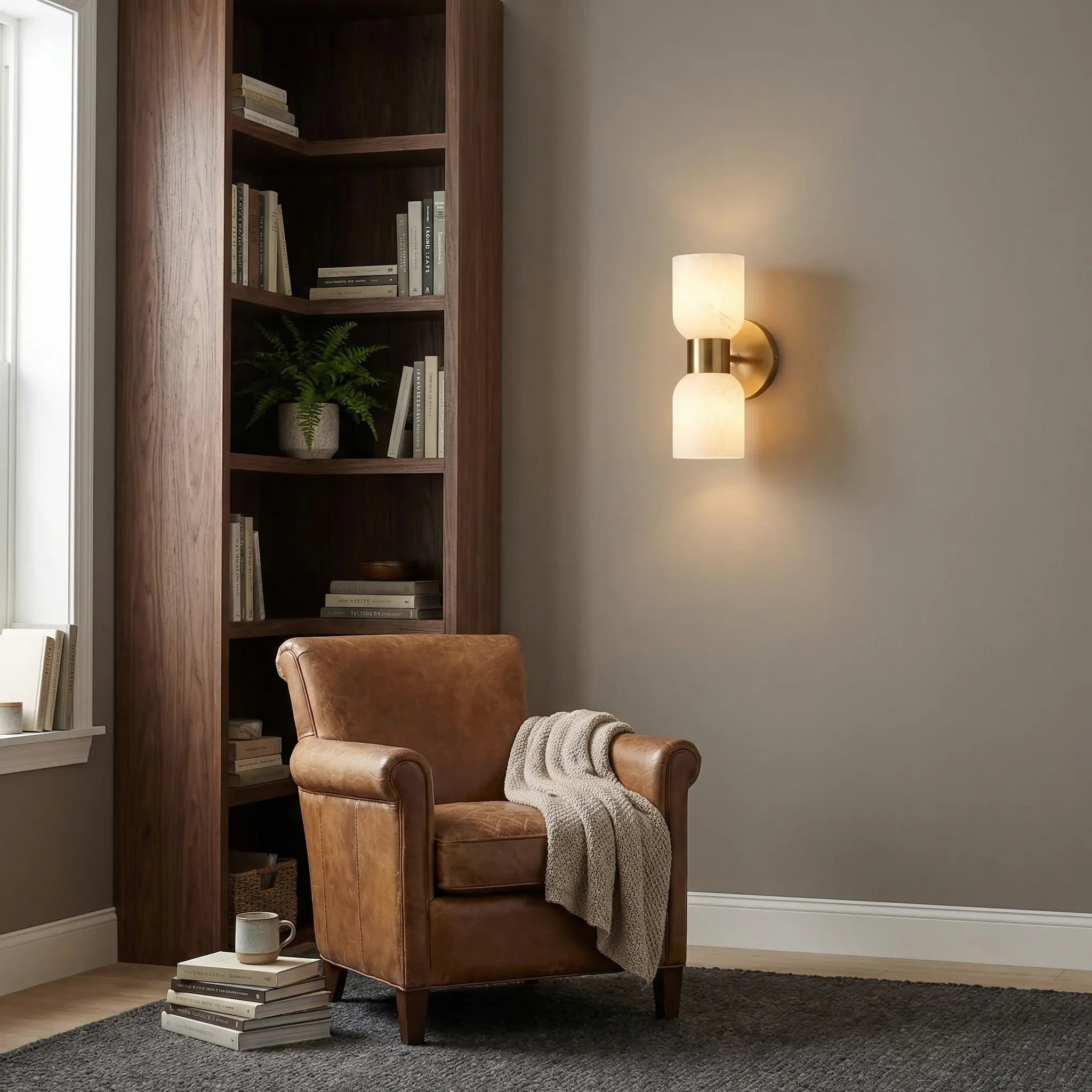 Dainolite 2 Light Wall Sconce, Aged Brass w/ Faux Alabaster