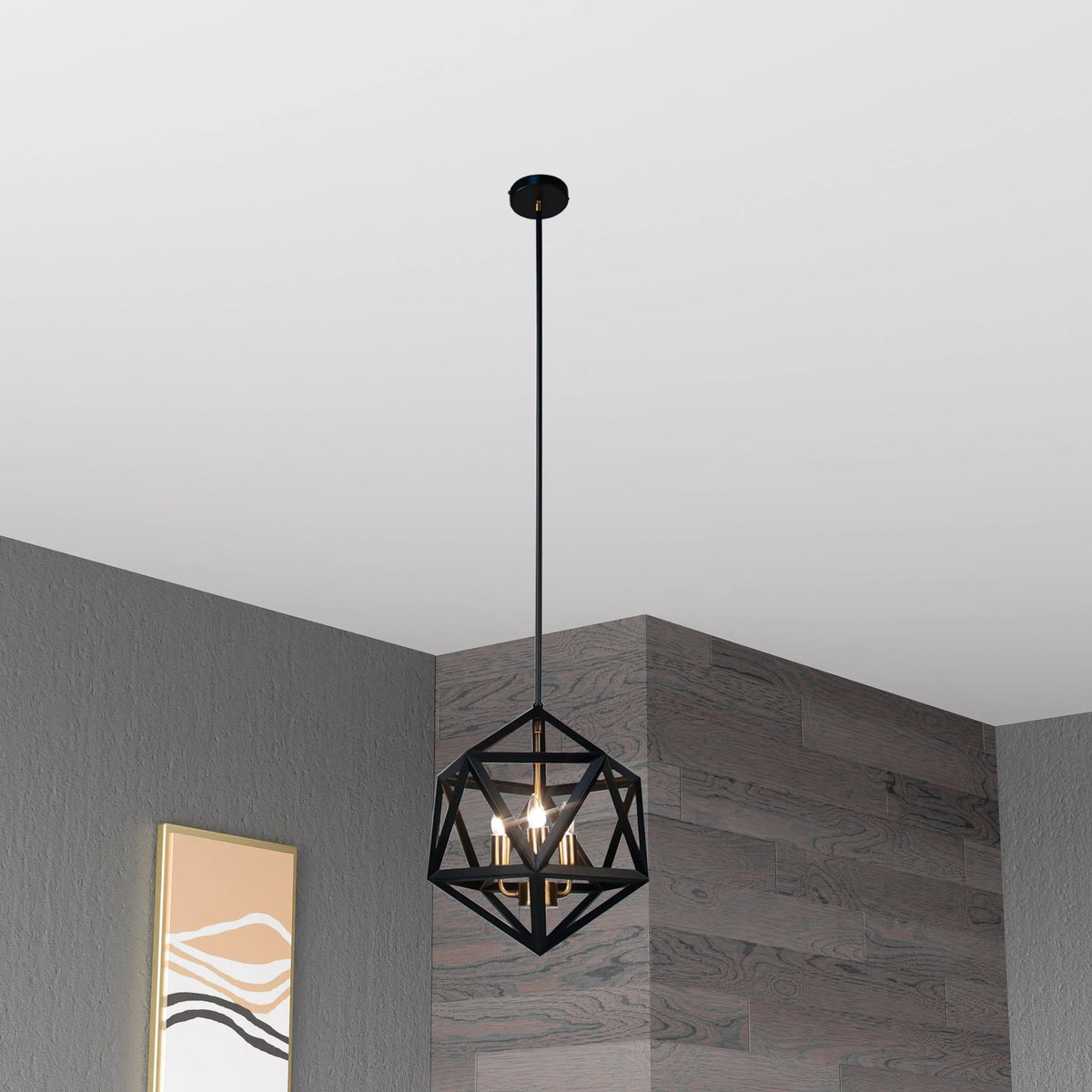 Dainolite 3 Light Chandelier, Matte Black with Antique Brass Accents