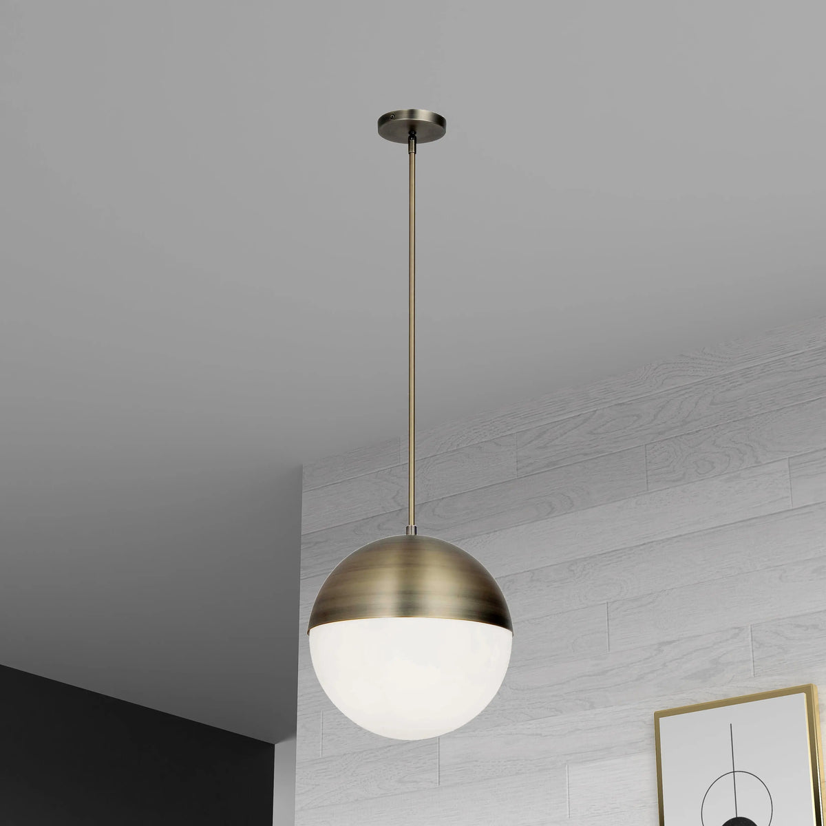 Dainolite 3 Light Halogen Pendant, Antique Brass Finish with White Glass