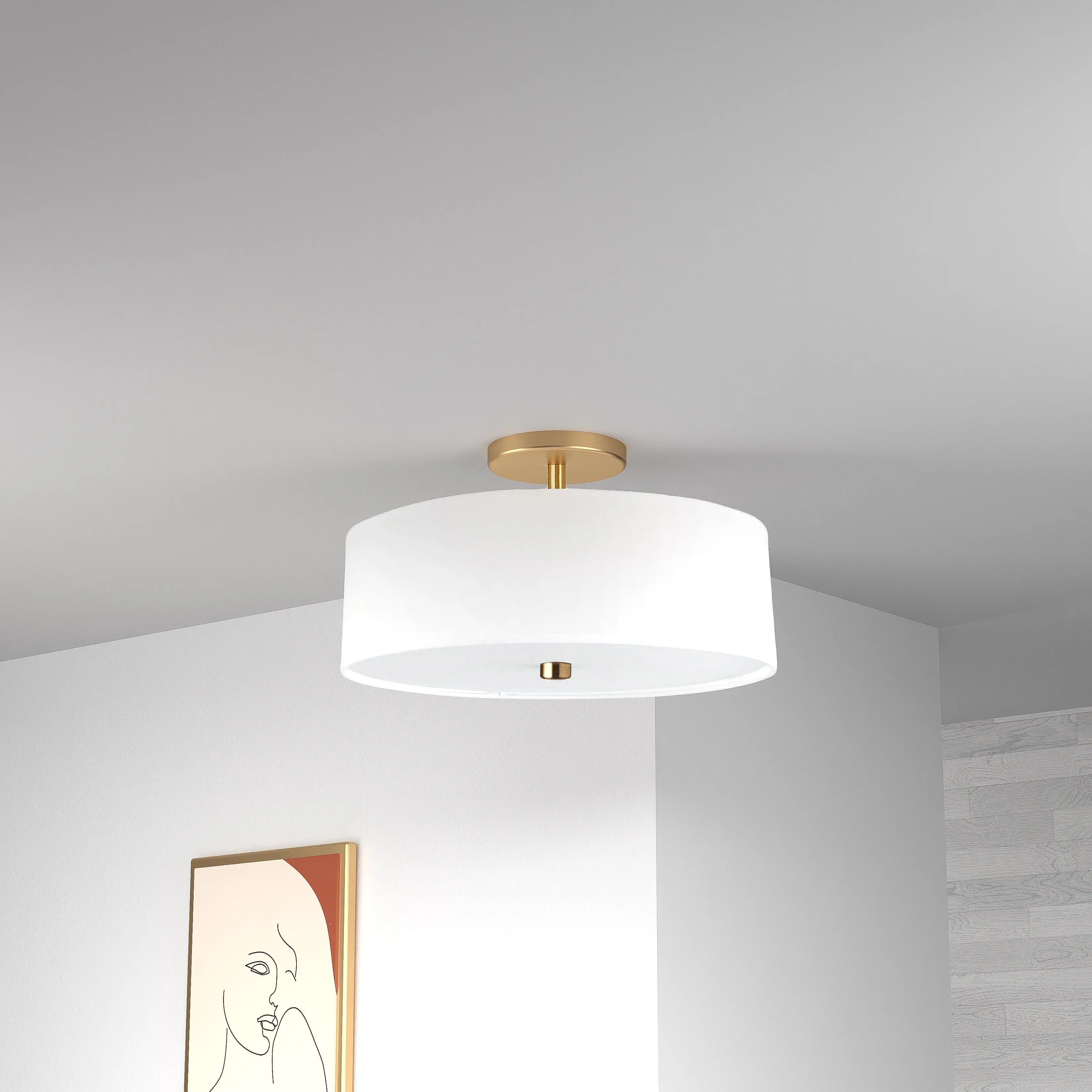 Dainolite 3 Light Incandescent Semi-Flush Mount Aged Brass with White Shade