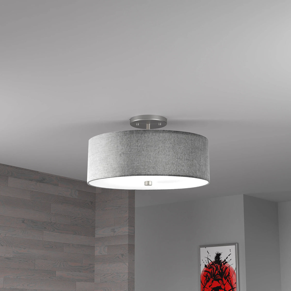 Dainolite 3 Light Incandescent Semi Flush Satin Chrome Finish with Grey Shade