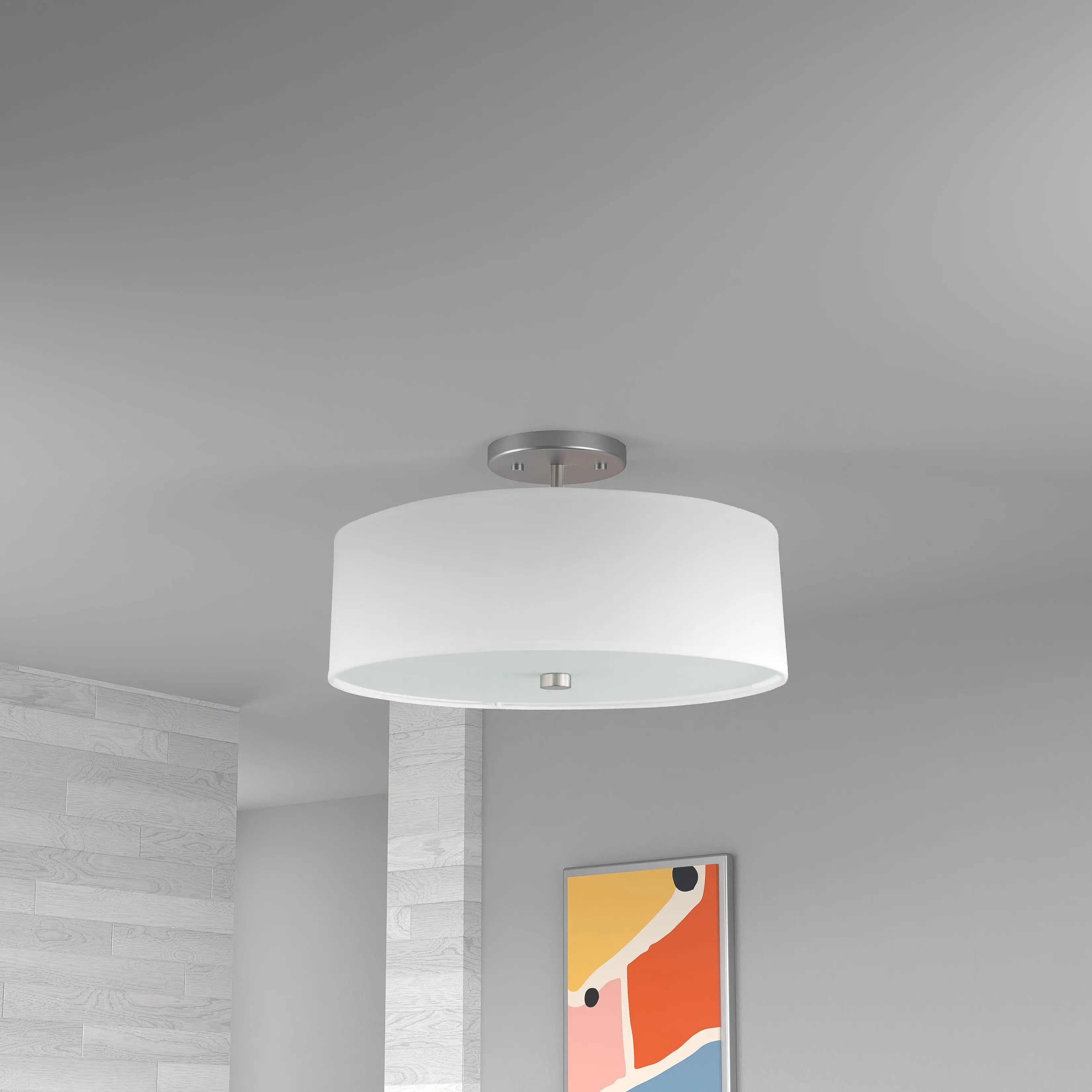 Dainolite 3 Light Incandescent Semi Flush Satin Chrome Finish with White Shade