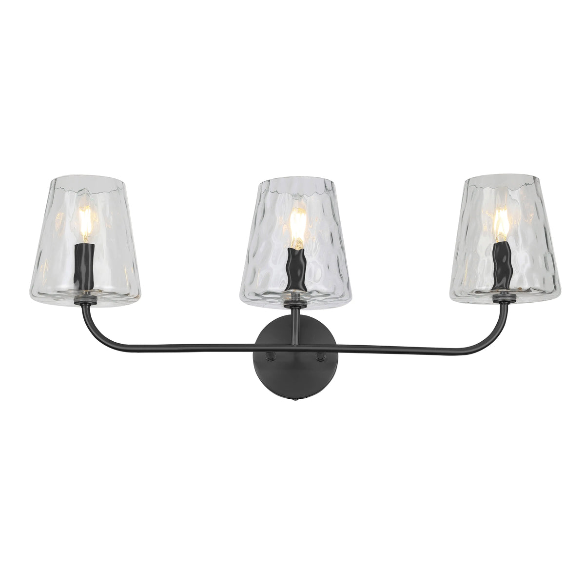 Dainolite 3 Light Incandescent Vanity Matte Black with Clear Hammered Glass