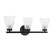 Dainolite 3 Light Incandescent Vanity Matte Black with Clear Ribbed Glass