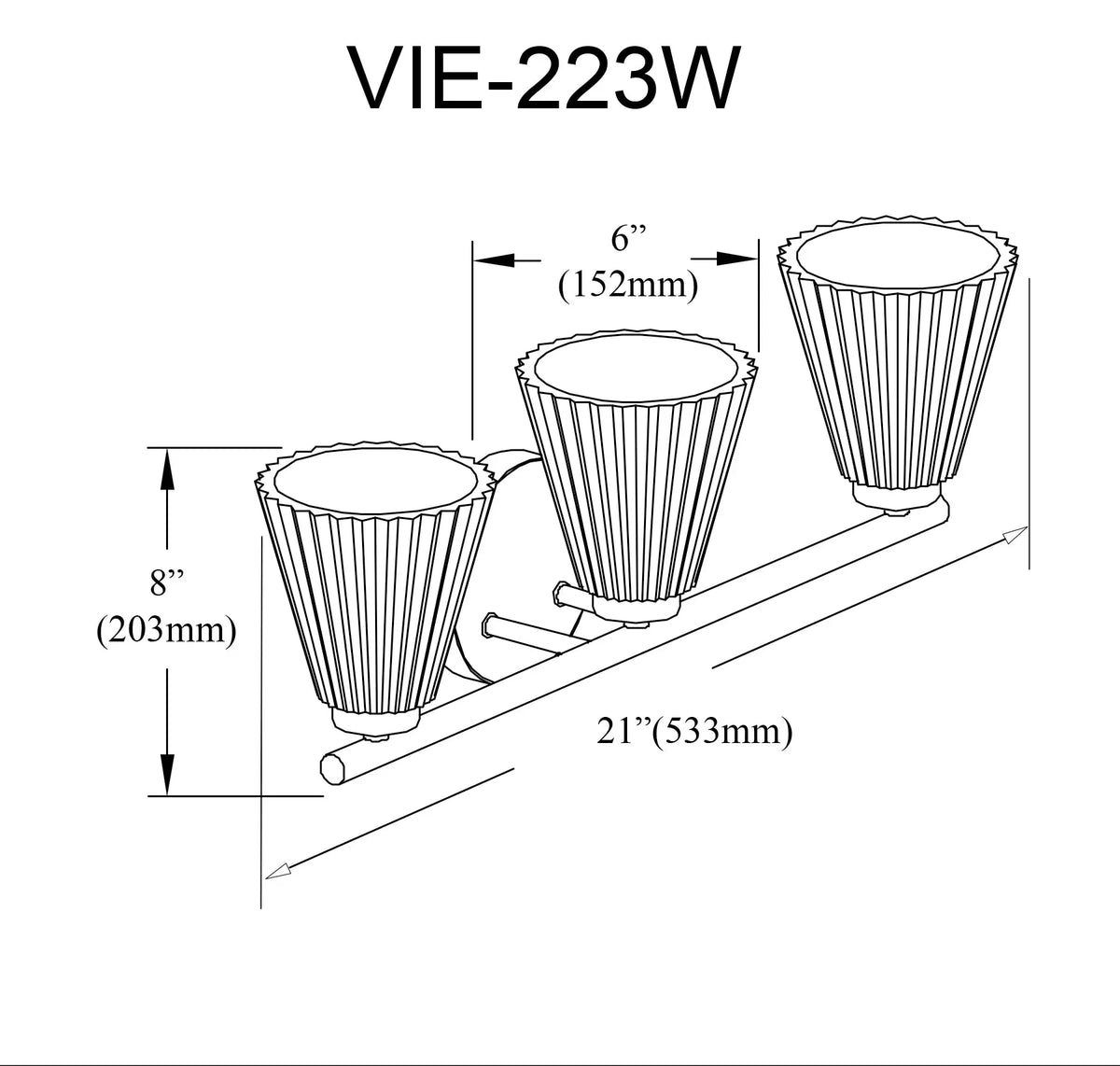 Dainolite 3 Light Incandescent Vanity Matte Black with Clear Ribbed Glass