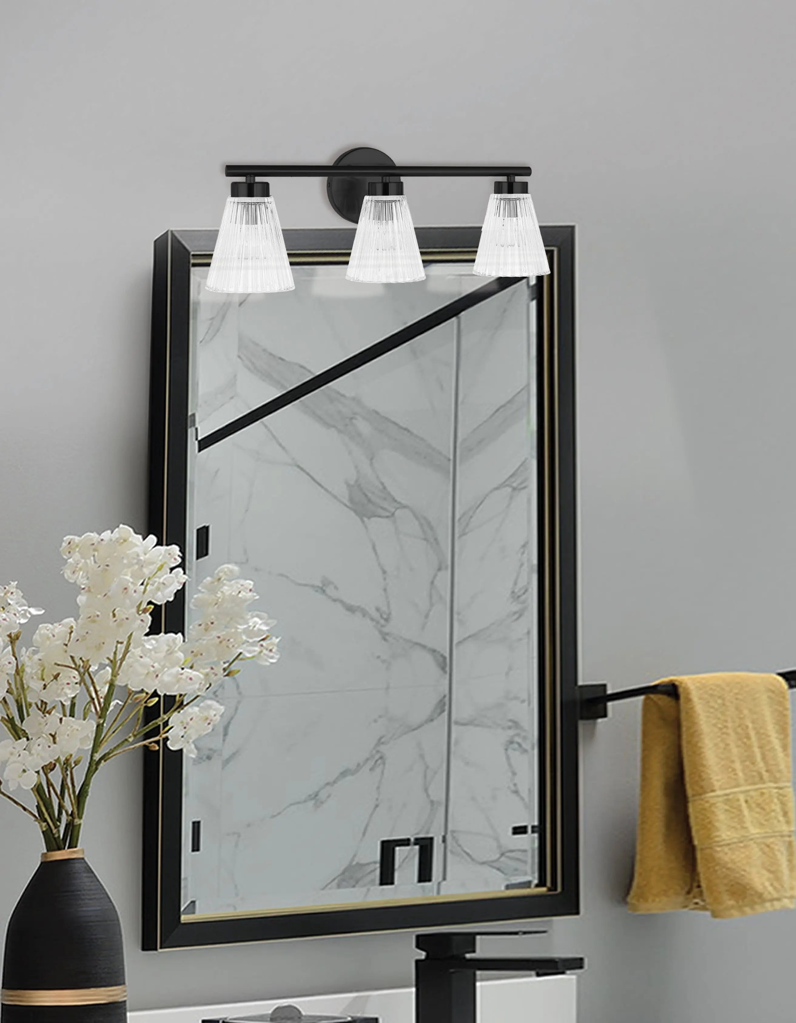 Dainolite 3 Light Incandescent Vanity Matte Black with Clear Ribbed Glass