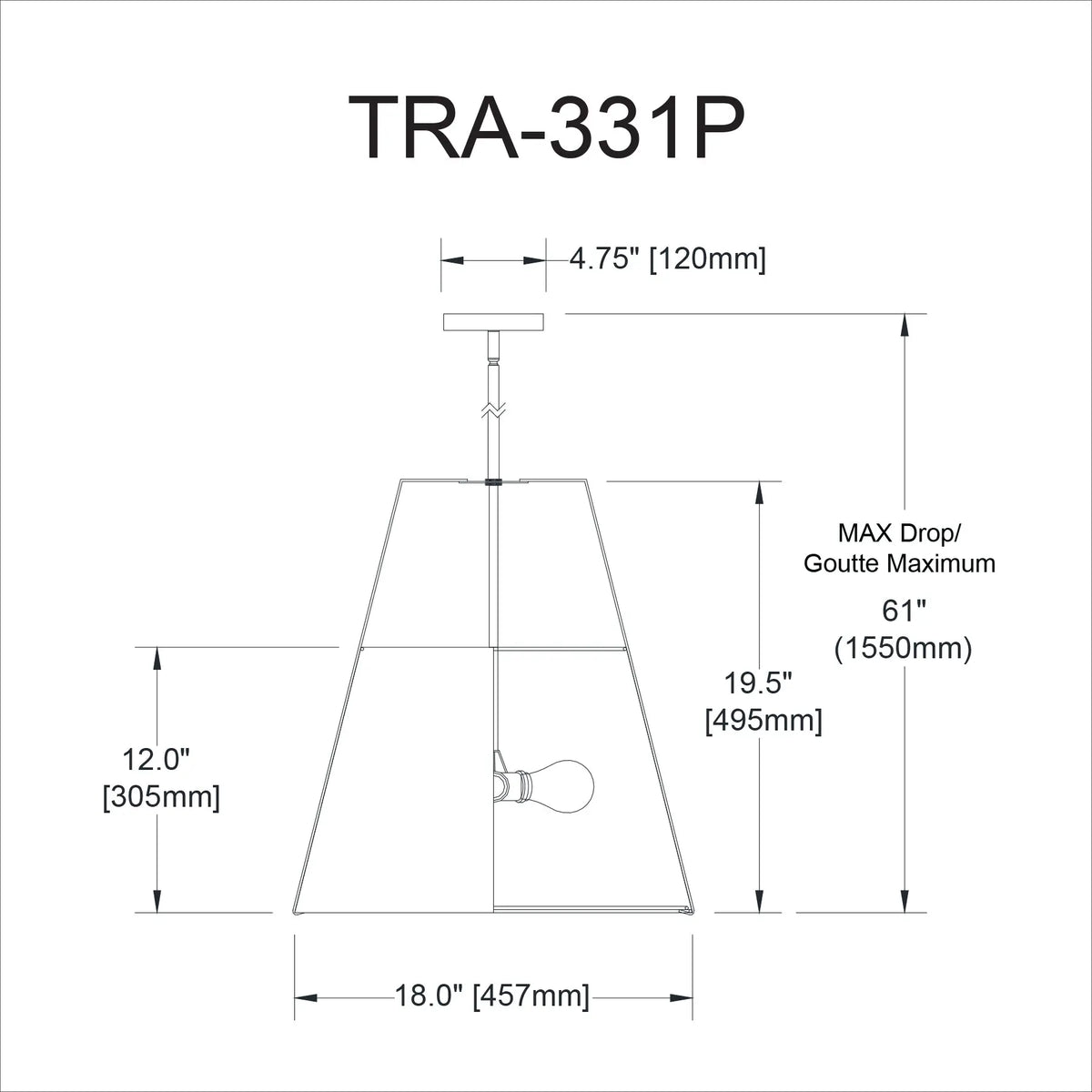 Dainolite 3 Light Trapezoid Pendant Black/Cream Shade w/ White Fabric Diffuser