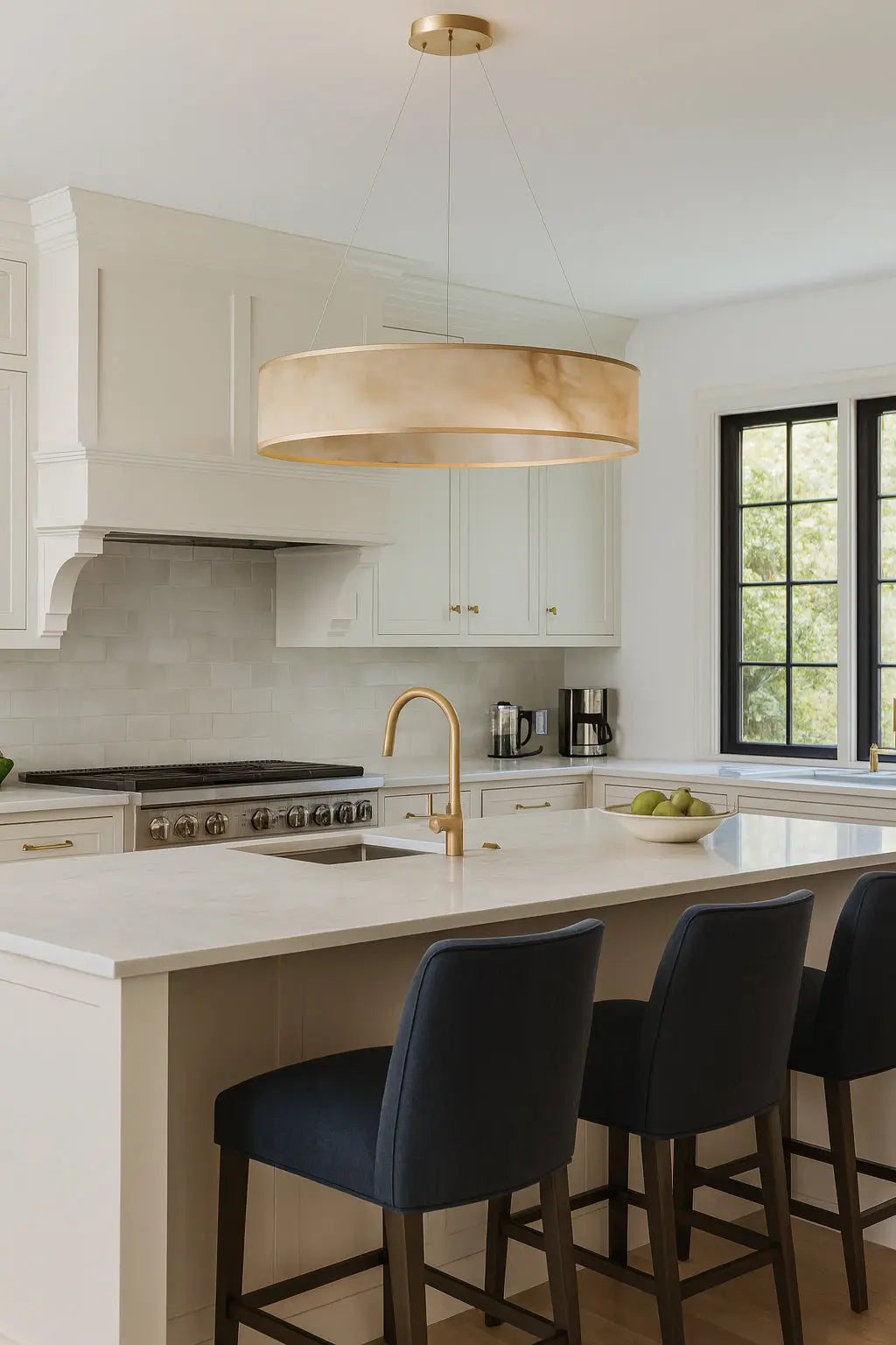 Dainolite 34W Pendant, Aged Brass w/ Marble Alabaster Shade