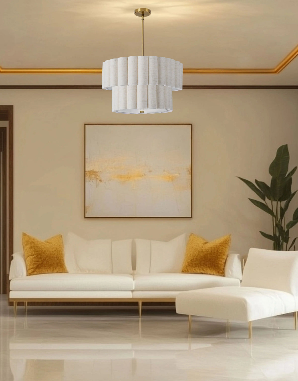 Dainolite 4 Light Aged Brass 2 Tier Pendant w/ Flax Scallop Shades