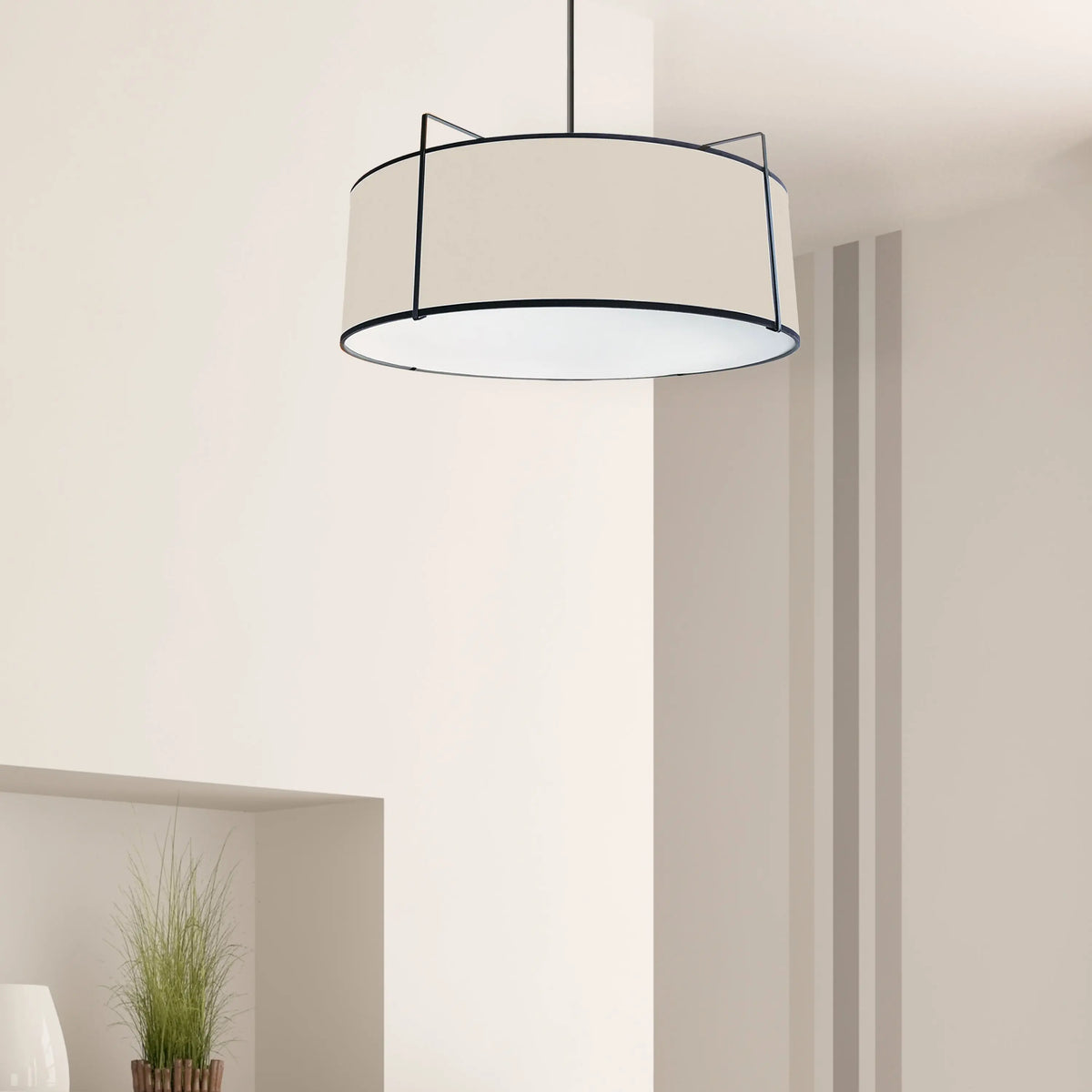 Dainolite 4 Light Drum Pendant Black/Cream Shade w/ White Fabric Diffuser