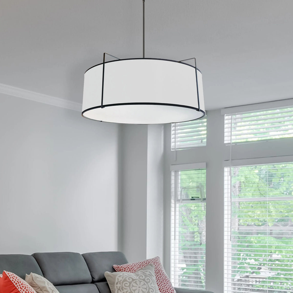 Dainolite 4 Light Drum Pendant, Black/White Shade, 790 Diffuser, Black