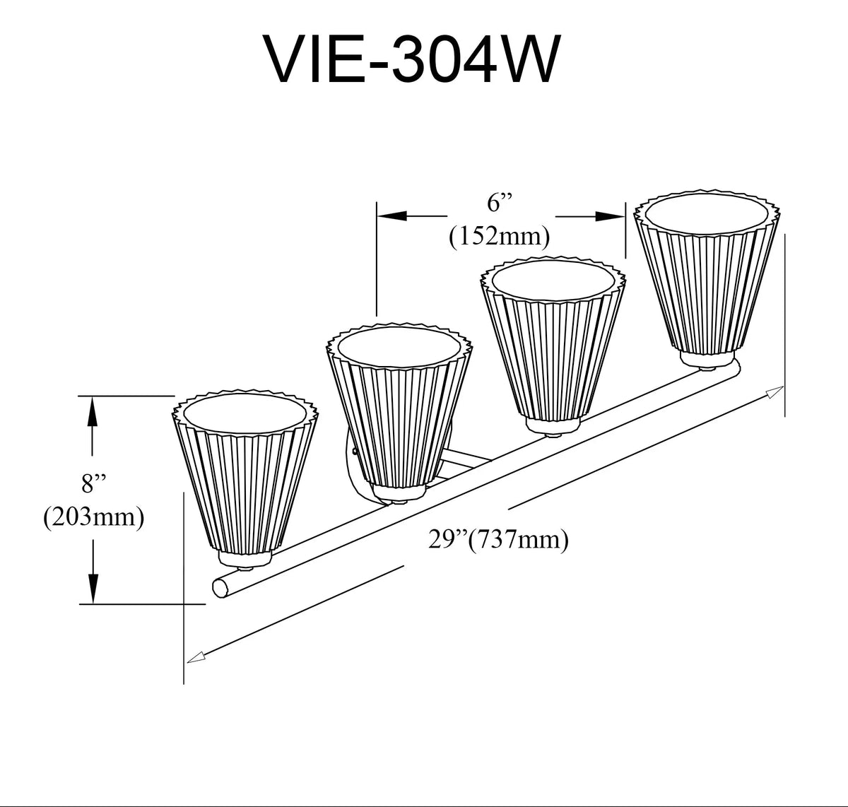 Dainolite 4 Light Incandescent Vanity Matte Black with Clear Ribbed Glass