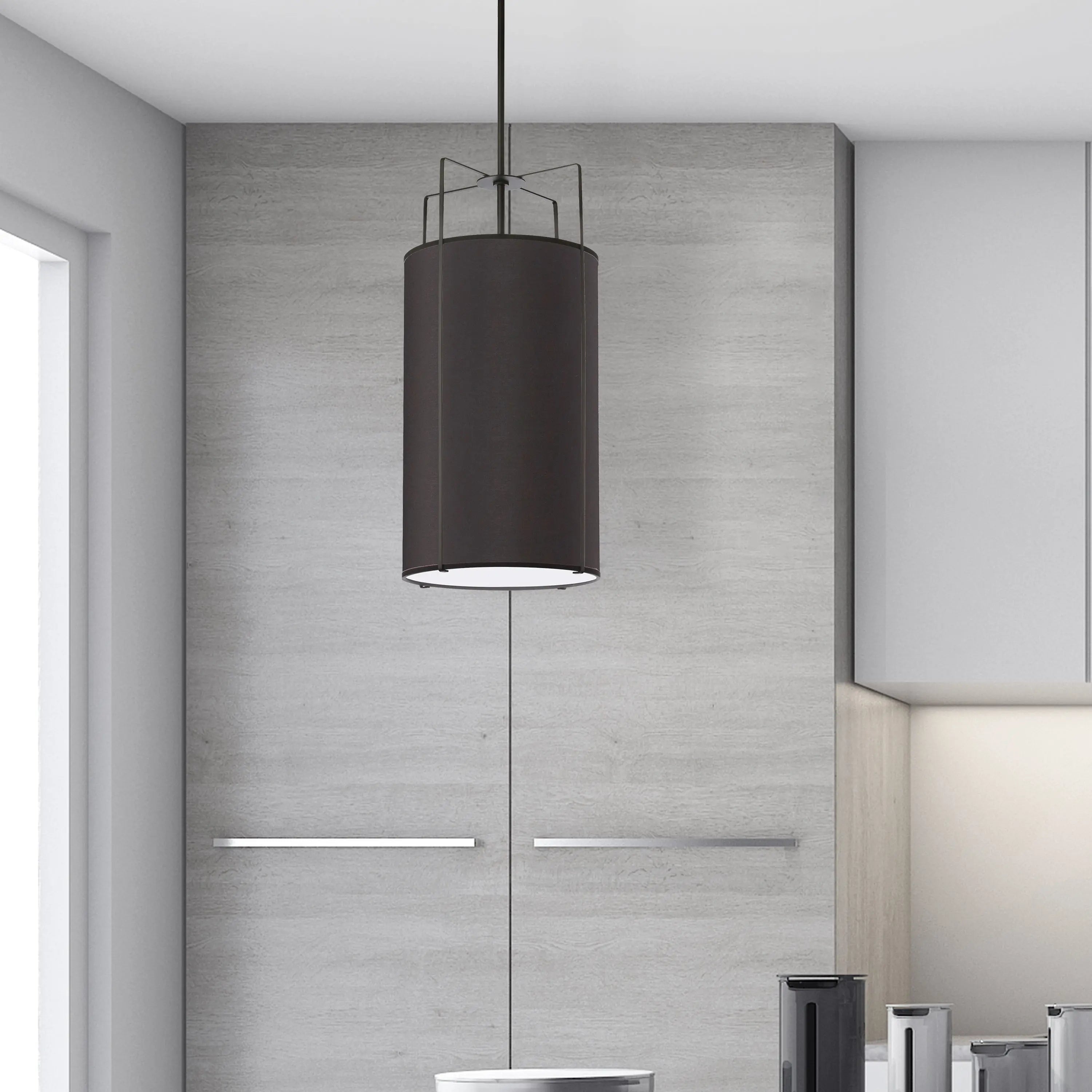 Dainolite 4 Light Pendant Black Drum Shade w/ White Fabric Diffuser