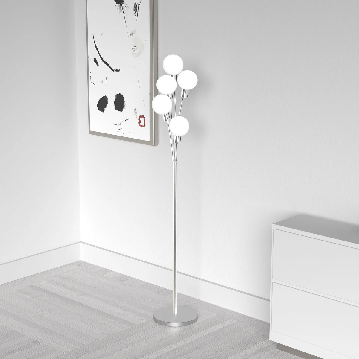 Dainolite 5 Light Incandescent Floor Lamp Satin Chrome Finish with White Glass