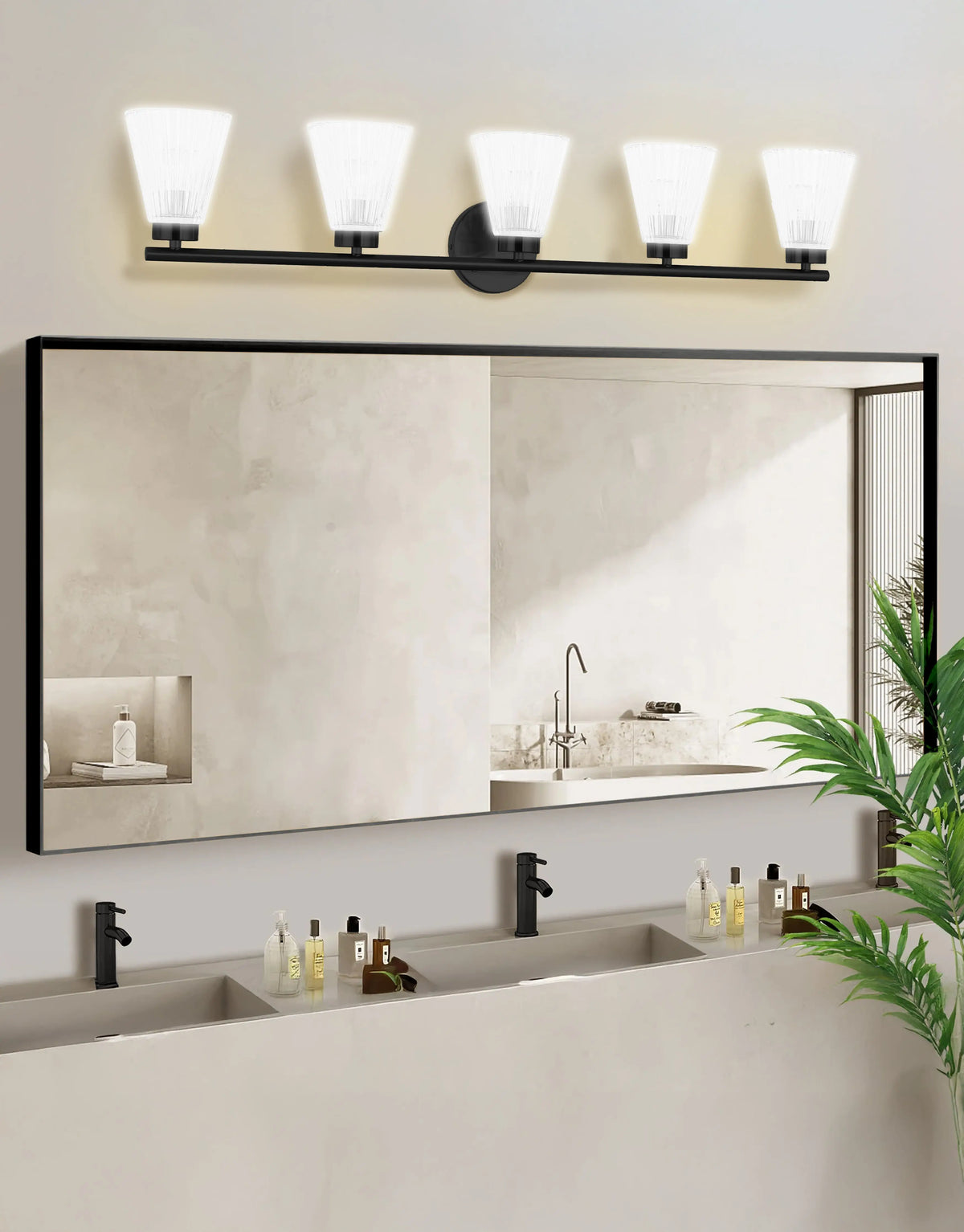 Dainolite 5 Light Incandescent Vanity Matte Black with Clear Ribbed Glass