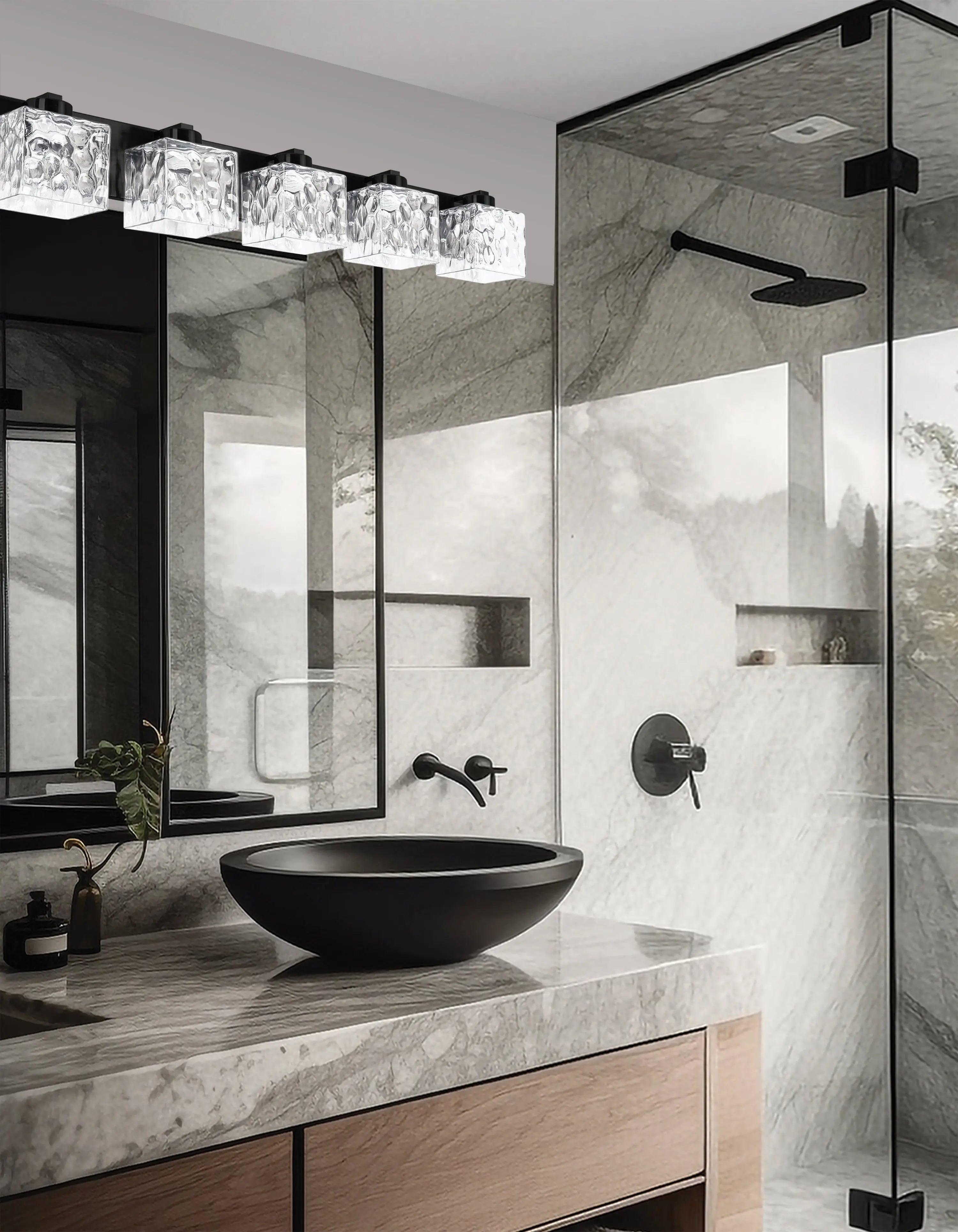 Dainolite 5 Light Vanity in Matte Black w/ Clear Water Glass
