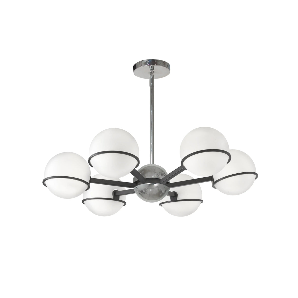 Dainolite 6 Light Halogen Chandelier, Matte Black / Polished Chrome with White Opal Glass