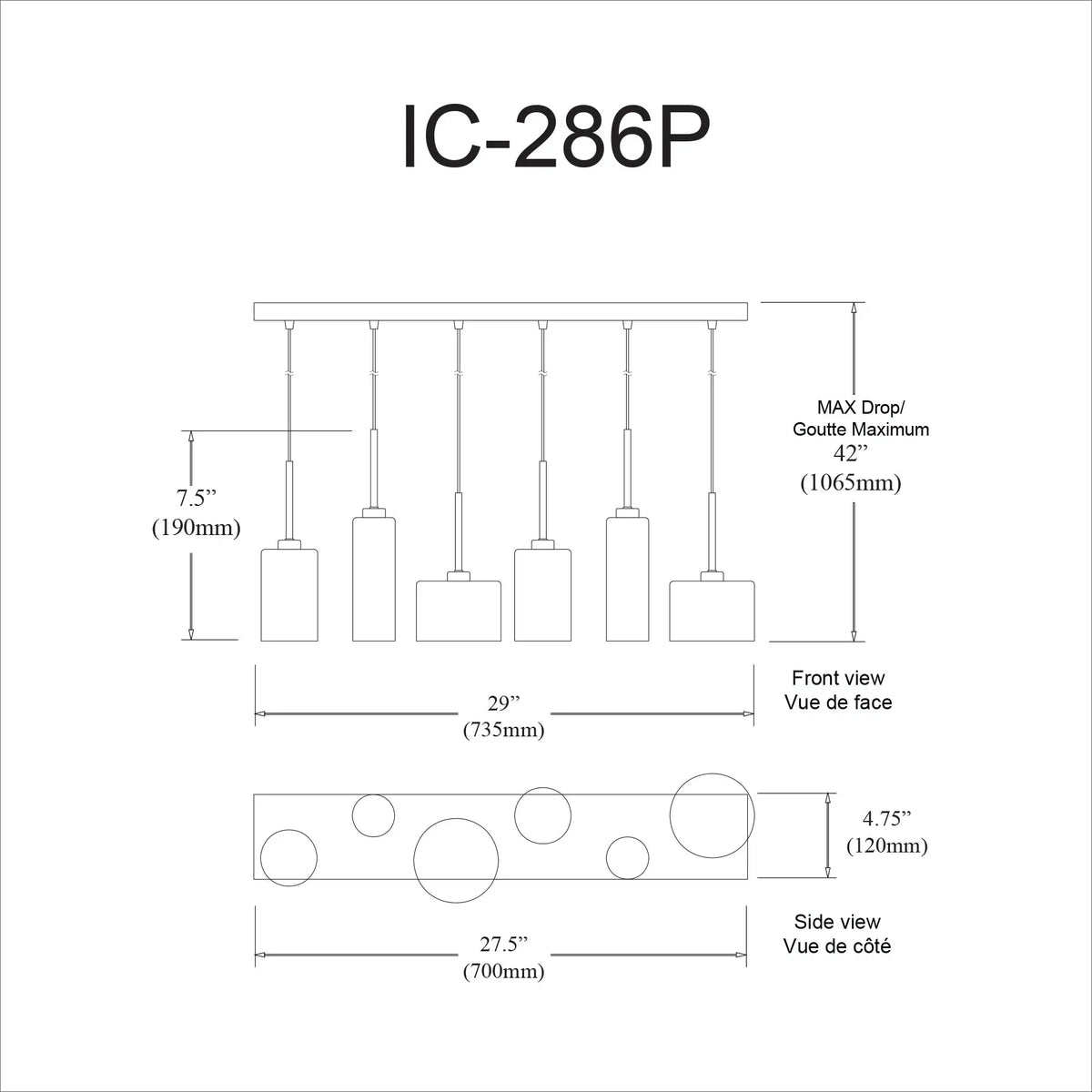 Dainolite 6 Light Horizontal Pendant, Polished Chrome