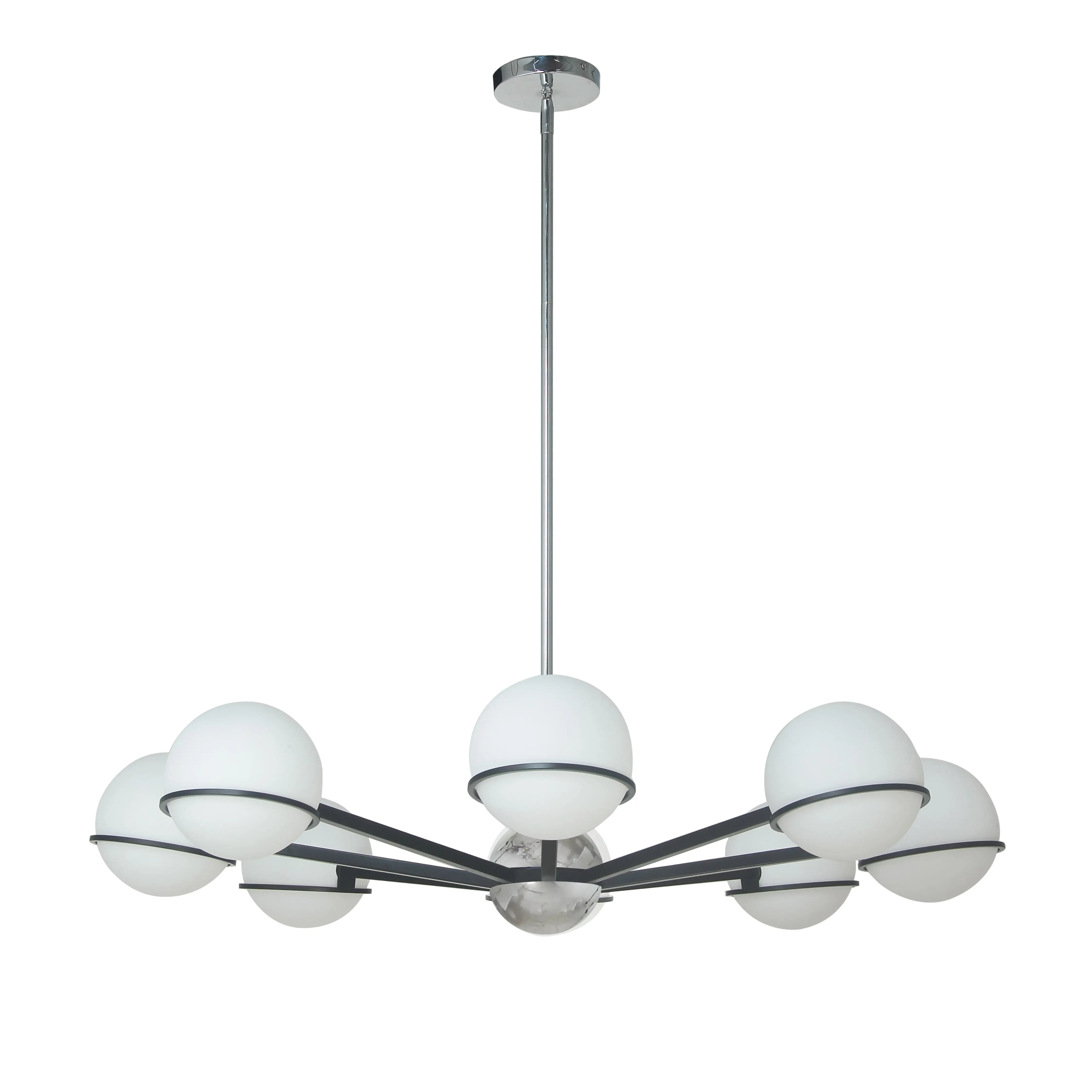 Dainolite 8 Light Halogen Chandelier, Matte Black / Polished Chrome with White Opal Glass