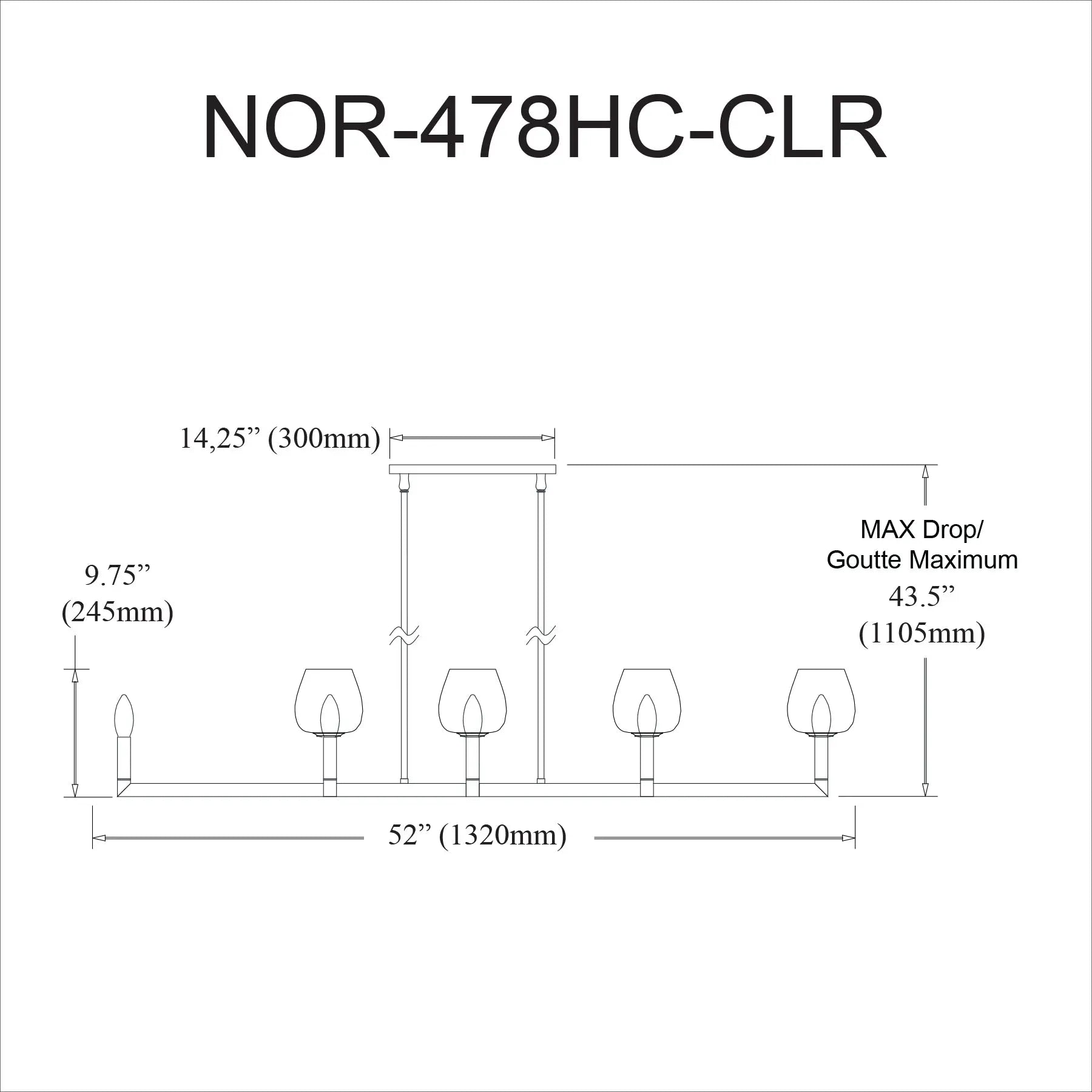 Dainolite 8 Light Incandescent Matte Black Horizontal Chandelier w/ Clear Glass