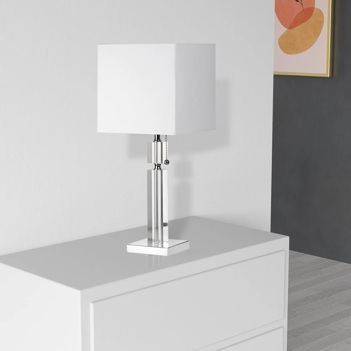 Dainolite Crystal Table Lamp, Polished Chrome, Square White Linen Shade