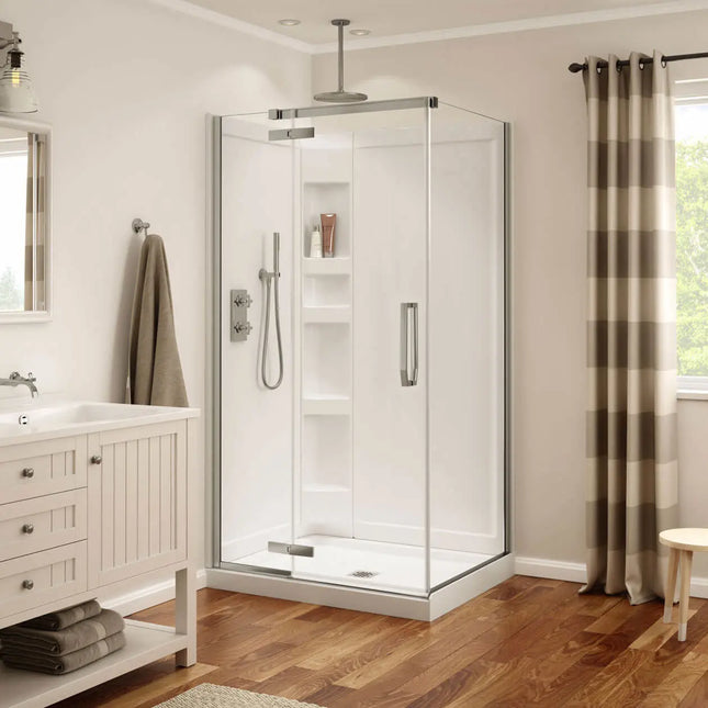 Davana Rectangular 42 x 34 x 75 in. 8mm Pivot Shower Door for Corner Installation with Clear glass in Brushed Nickel - Plumbing Market