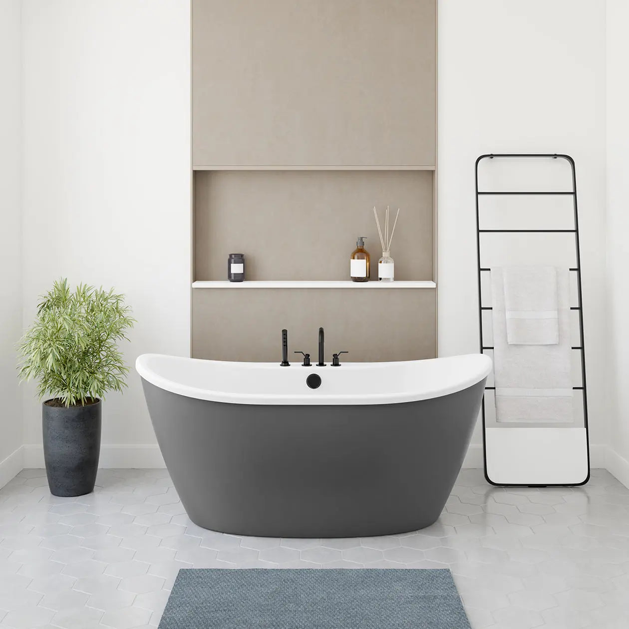Delsia 6032 AcrylX Freestanding Center Drain Bathtub in White with Thundey Grey Skirt - Plumbing Market