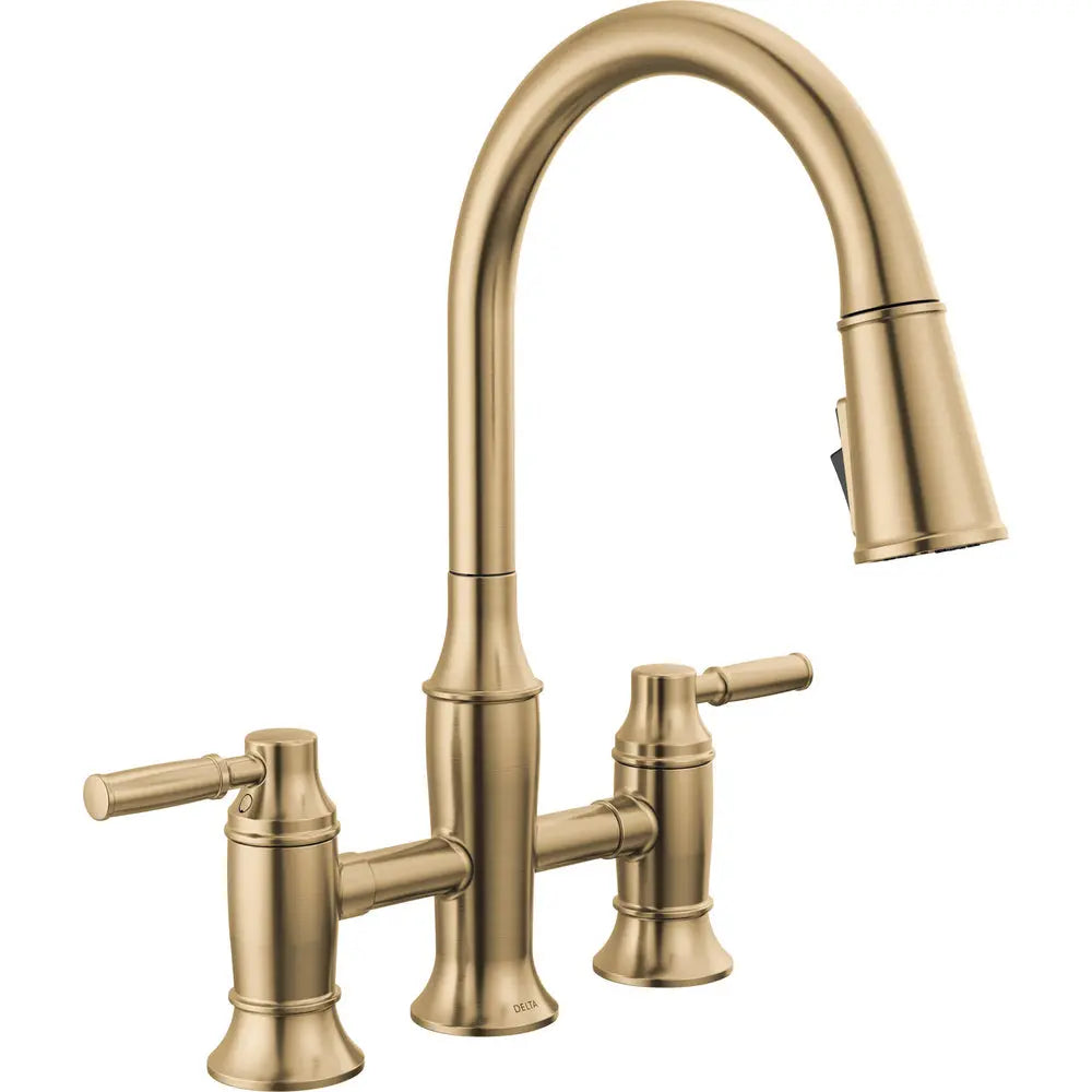 Delta RENALDI Two Handle Pull-Down Bridge Kitchen Faucet Lumicoat Champagne Bronze - Plumbing Market