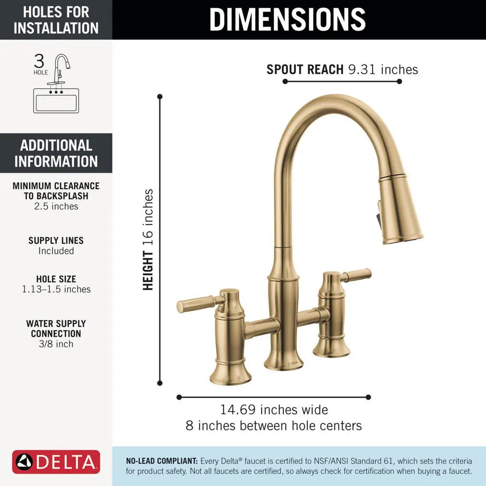 Delta RENALDI Two Handle Pull-Down Bridge Kitchen Faucet Lumicoat Champagne Bronze - Plumbing Market