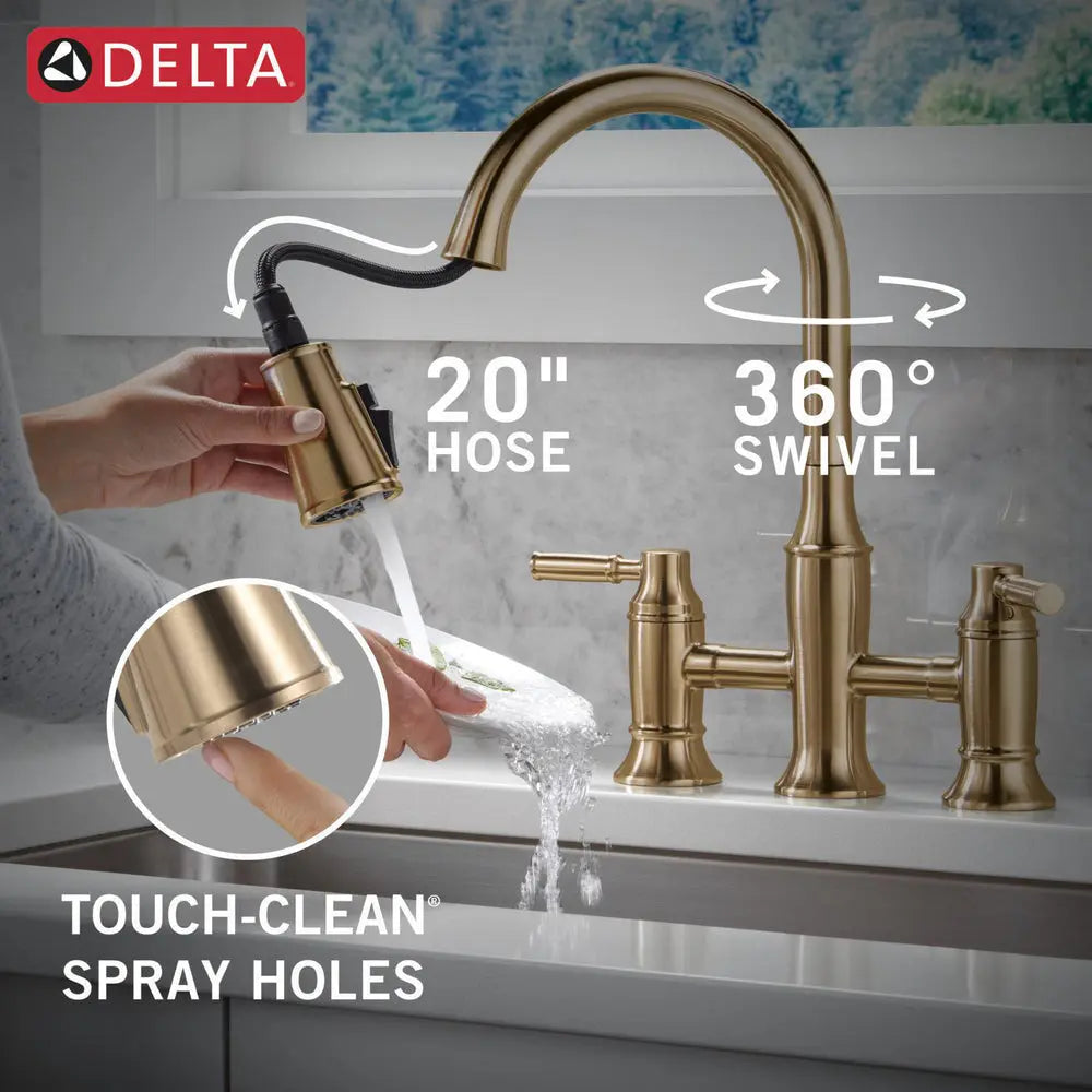 Delta RENALDI Two Handle Pull-Down Bridge Kitchen Faucet Lumicoat Champagne Bronze - Plumbing Market