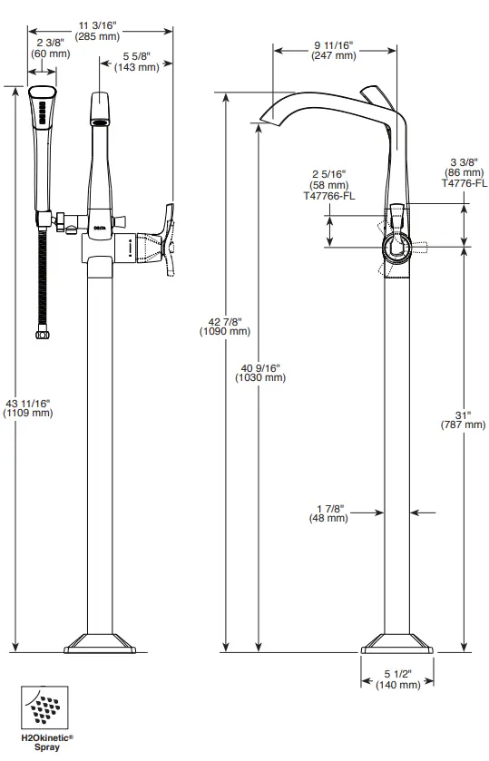Delta STRYKE Single Handle Floor Mount Tub Filler Trim T4776 - Plumbing Market