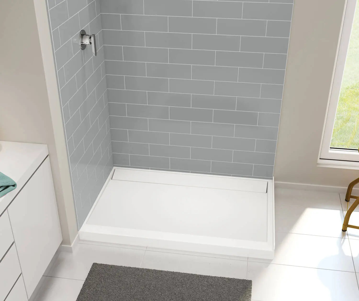 Distinct 48 48 x 32 Acrylic Alcove or Corner Shower Base with Back Center Drain in White - Plumbing Market