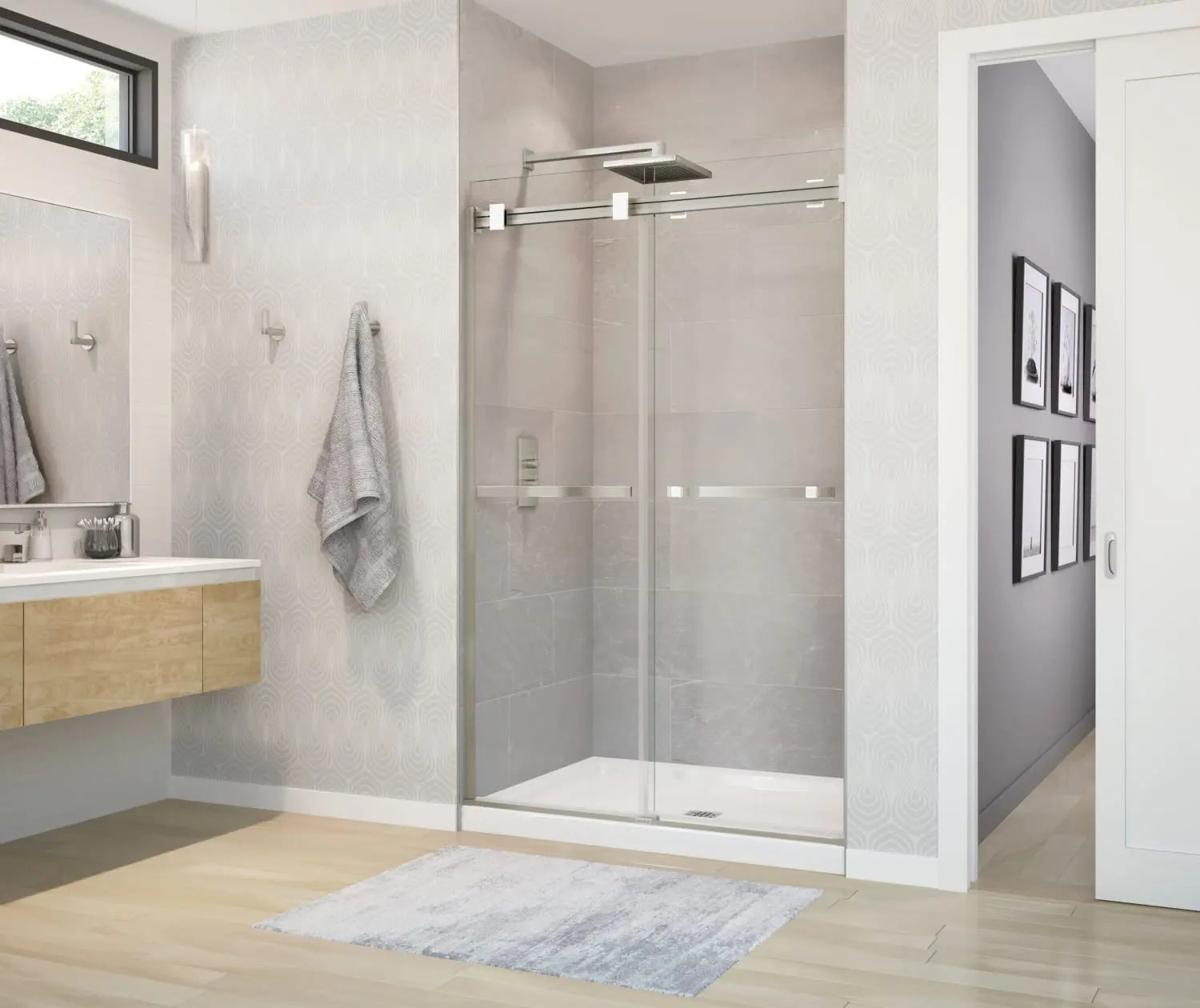 Duel 44-47 x 70 ½-74 in. 8 mm Bypass Shower Door for Alcove Installation with Clear glass in Brushed Nickel & Matte White - Plumbing Market