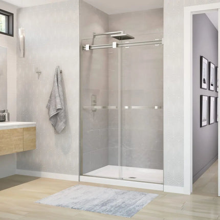 Duel 44-47 x 70 ½-74 in. 8 mm Bypass Shower Door for Alcove Installation with Clear glass in Brushed Nickel & Matte White - Plumbing Market