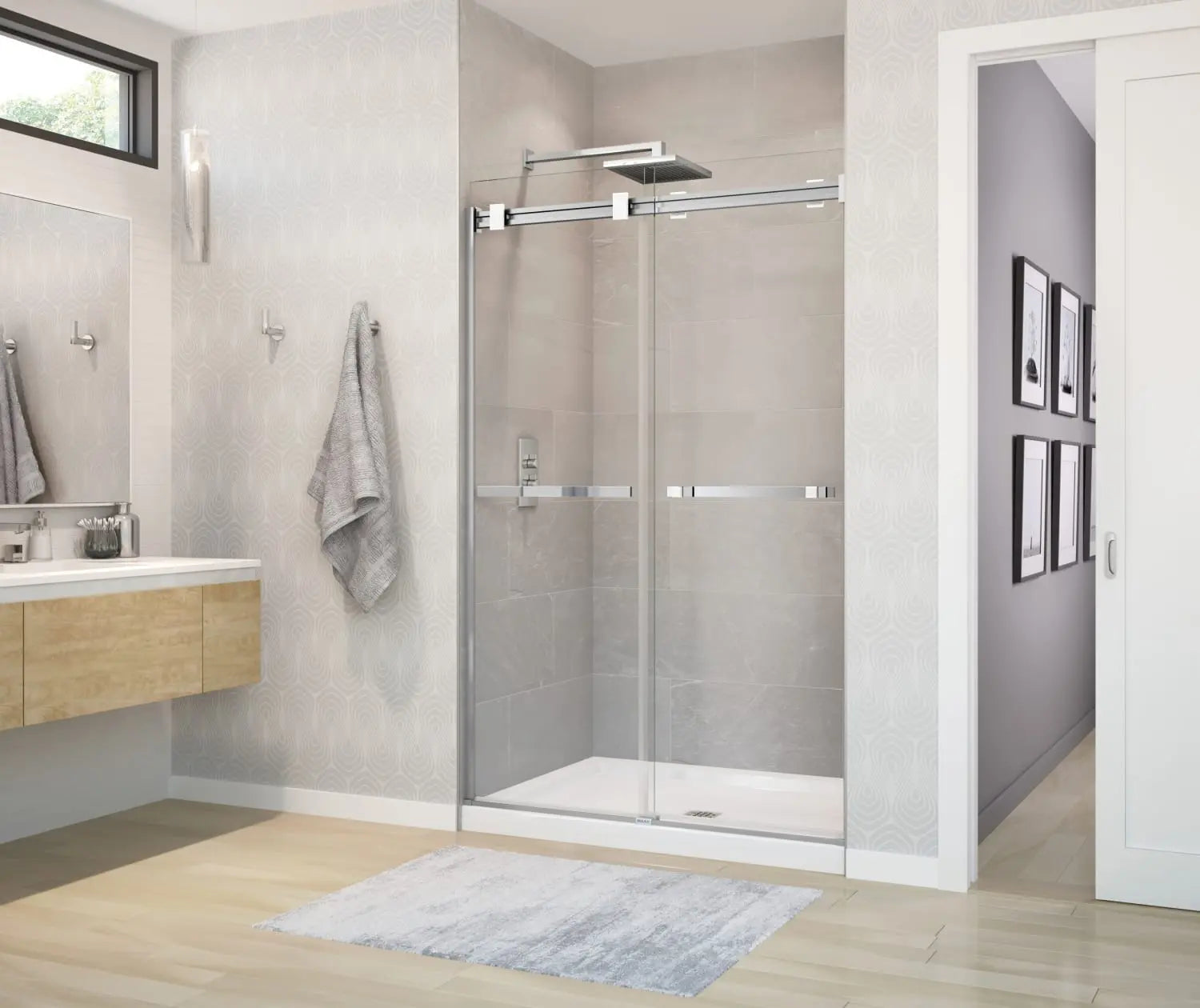 Duel 44-47 x 70 ½-74 in. 8 mm Bypass Shower Door for Alcove Installation with Clear glass in Chrome & Matte White - Plumbing Market