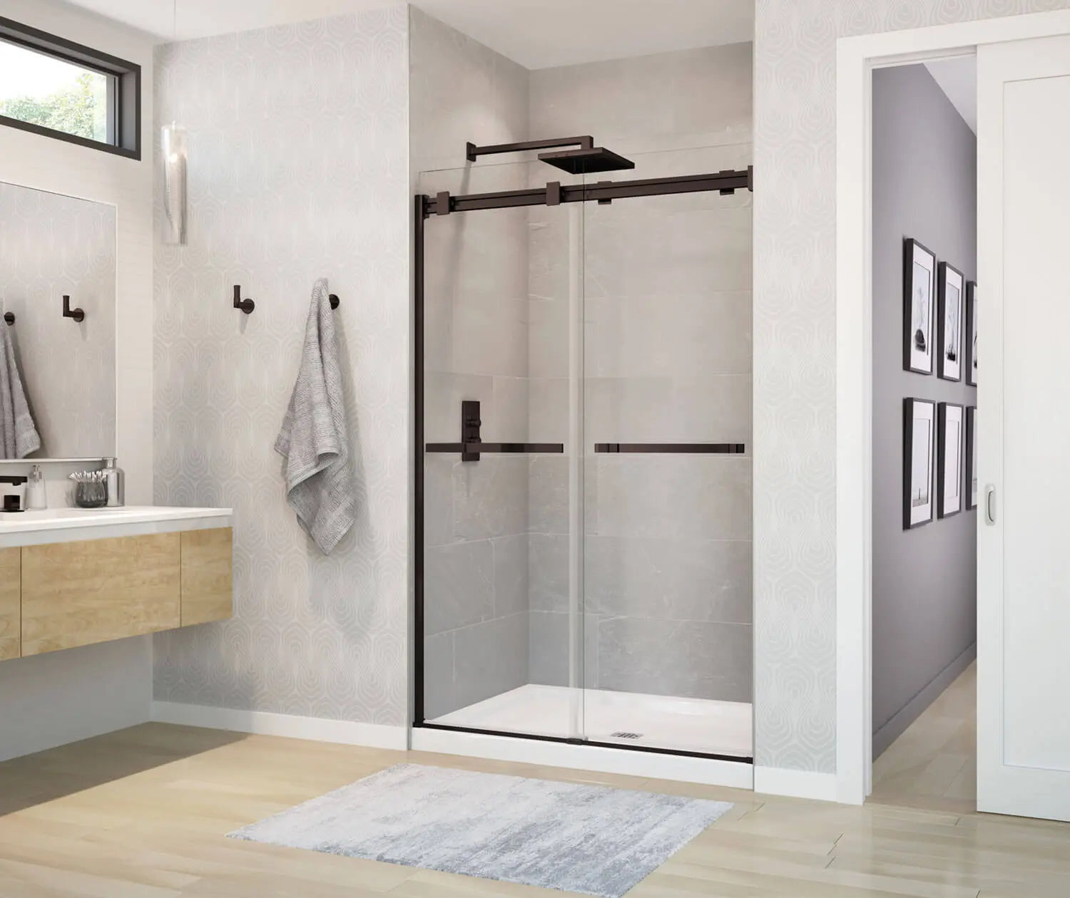Duel 44-47 x 70 ½-74 in. 8 mm Bypass Shower Door for Alcove Installation with Clear glass in Dark Bronze - Plumbing Market