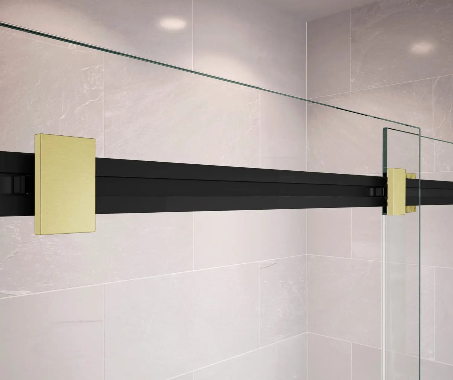 Duel 44-47 x 70 ½-74 in. 8 mm Bypass Shower Door for Alcove Installation with Clear glass in Matte Black & Brushed Gold - Plumbing Market